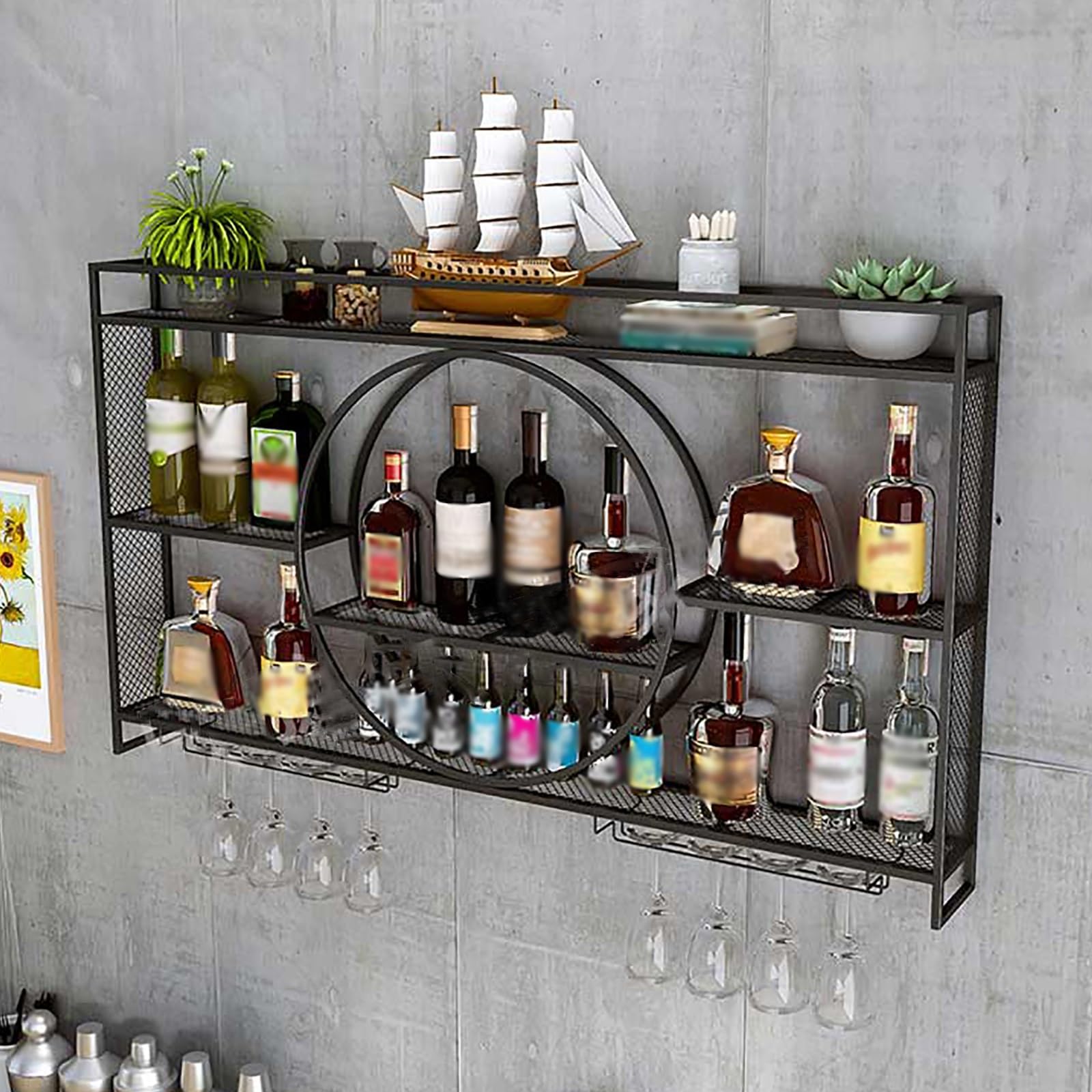 Botellero De Pared, Estantes Flotantes Rústicos De Metal para Almacenar Licores, Estante con Luz LED para Exhibir Botellas De Vino, Ideal para Cocinas, Bares Y Comedores(Black,140x80x15cm)