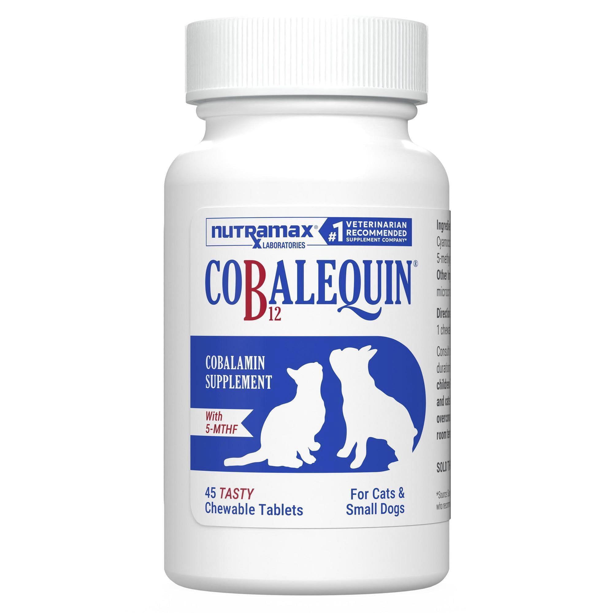 Nutramax Suplemento de vitamina B12 para cães pequenos e gatos, cianocobalamina 250 µg + 5-MTHF 50 µg, 45 comprimidos mastigáveis