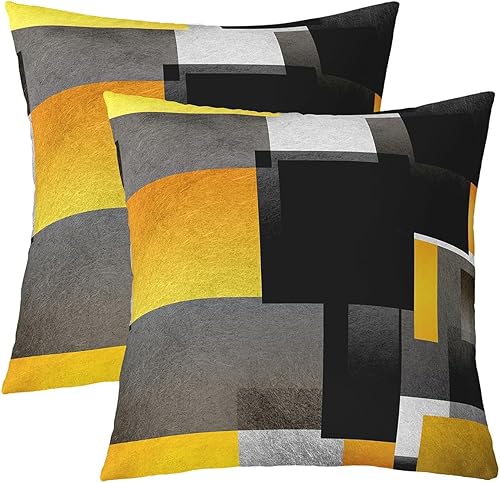 Feelyou Juego de 2 fundas de almohada geométricas de 18 x 18 pulgadas, diseño de cuadros geométricos, color amarillo, gris y negro, juego de 2