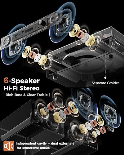 Miniatura 3 de Reproductor de discos de vinilo con 4+2 altavoces estéreo externos Bluetooth de 3 velocidades por correa tocadiscos para discos de vinilo, dos