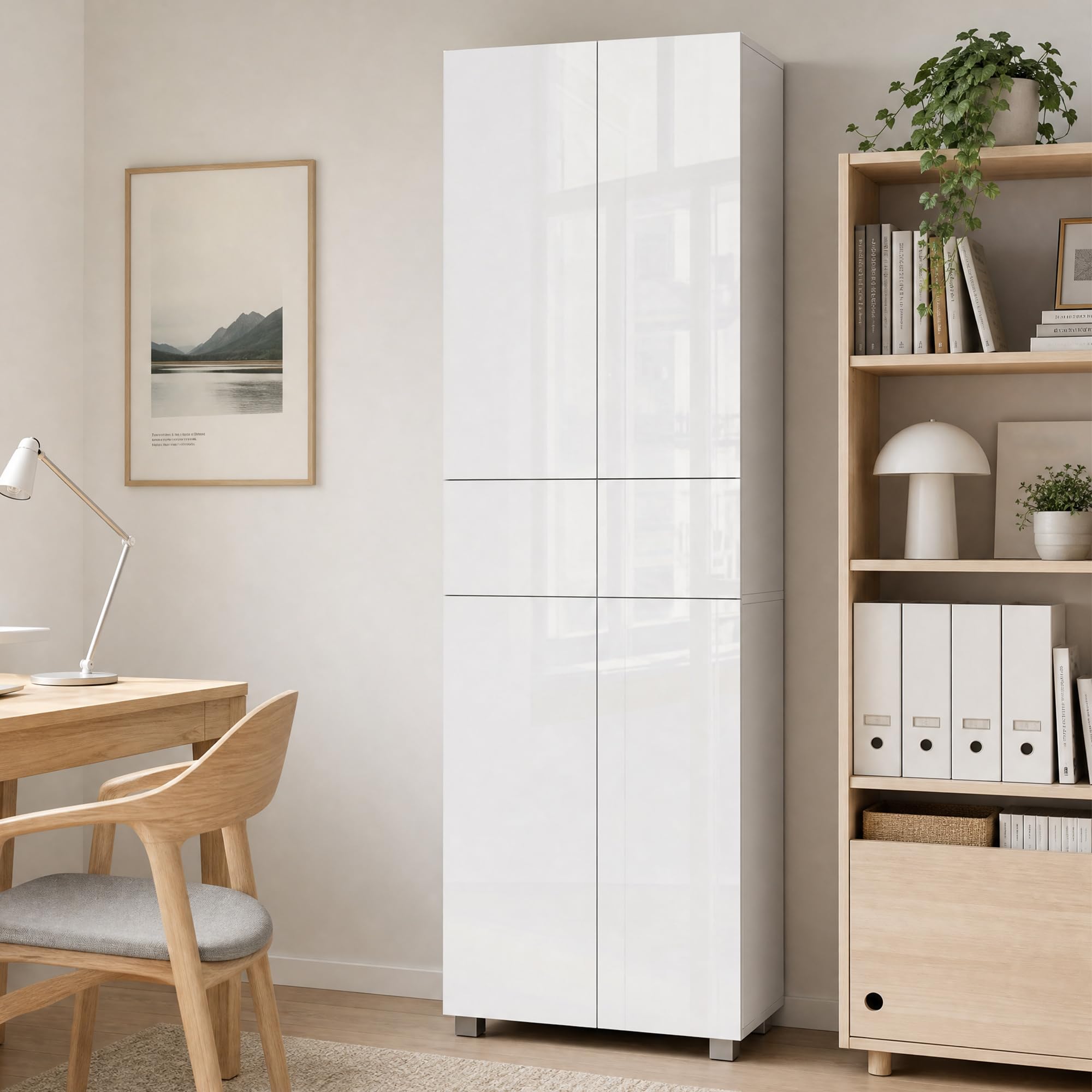 HOMCOM Armoire Cuisine, Moderne, 2 Tiroirs, 60 x 35 x 170 cm Blanc Laqué | Buffet de Cuisine Haut, Meuble de Rangement, 4 Portes Ouverture par Poussée, Étagères Réglables