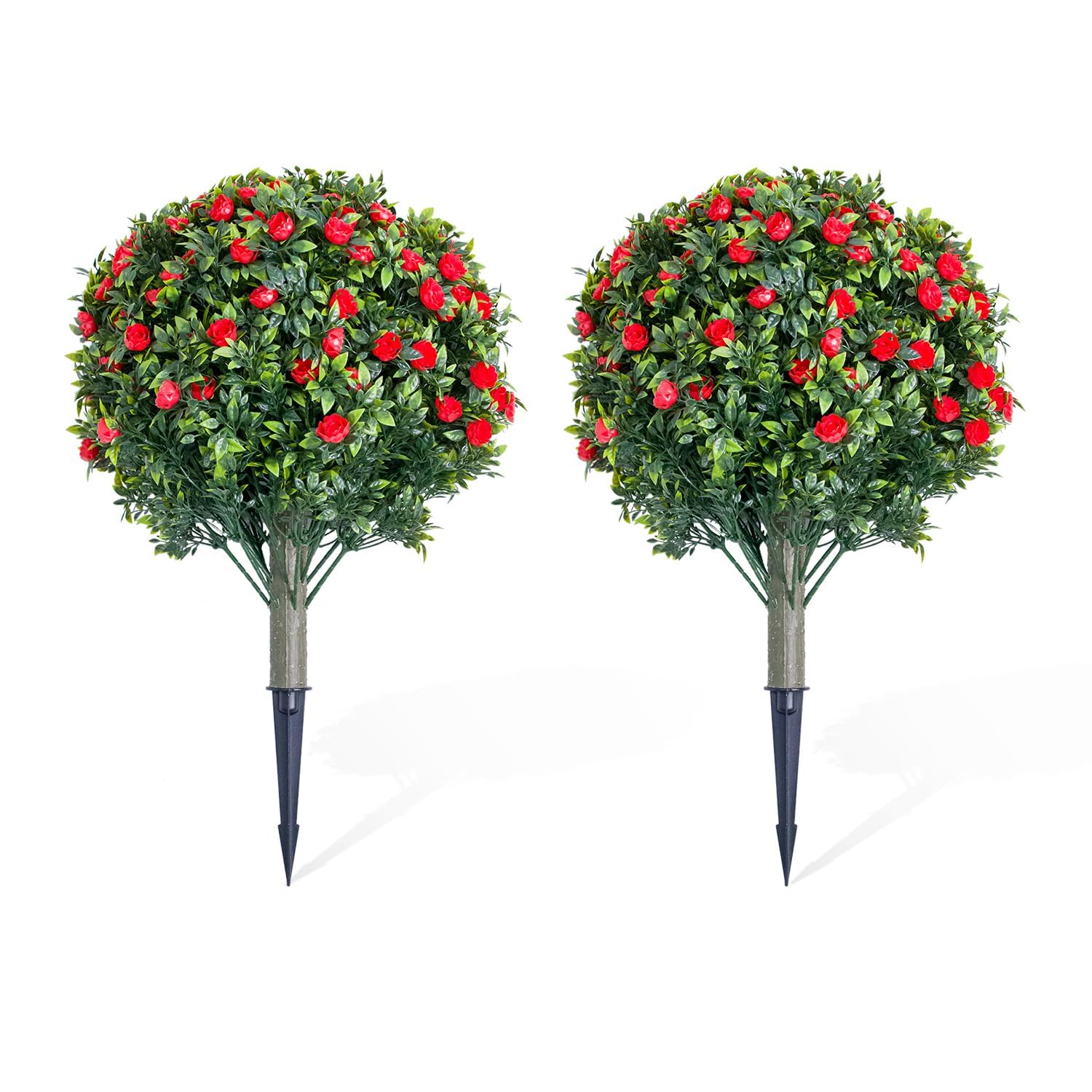 Aptliton 2 Pack-Red Artificial Topiary Ball Trees Set Of 2 With Red Roses – 23.6 Inch Pe Fake Plants, Metal Ground Spikes, Indoor Outdoor Home Decor, Realistic, 2 Red Flowers, 60X40cm