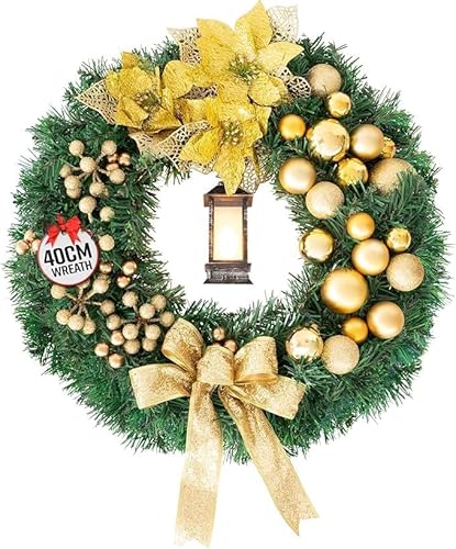Globrite Yellow 40Cm Christmas Wreath With Bows, Baubles & Lantern | Wreaths For Front Door | Door Wreaths Home Decor Christmas Decorations For Outdoor Decorations