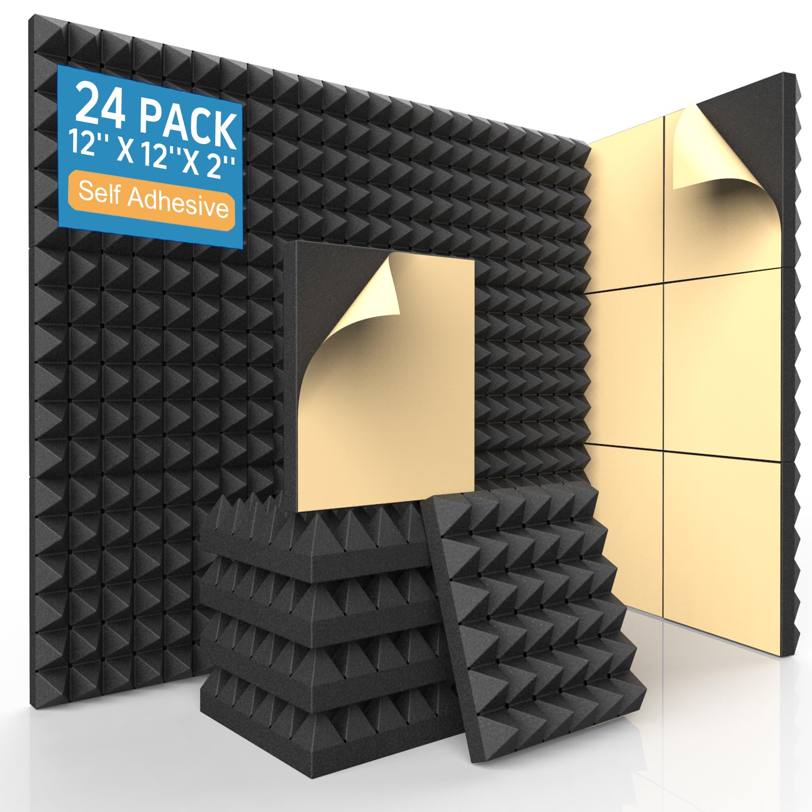 24 Pack Self-Adhesive Acoustic Foam Panels, 12" x 12" x 2" High Density Pyramid Soundproof Panels, Noise Cancelling for Studio, Office, or Gaming Room