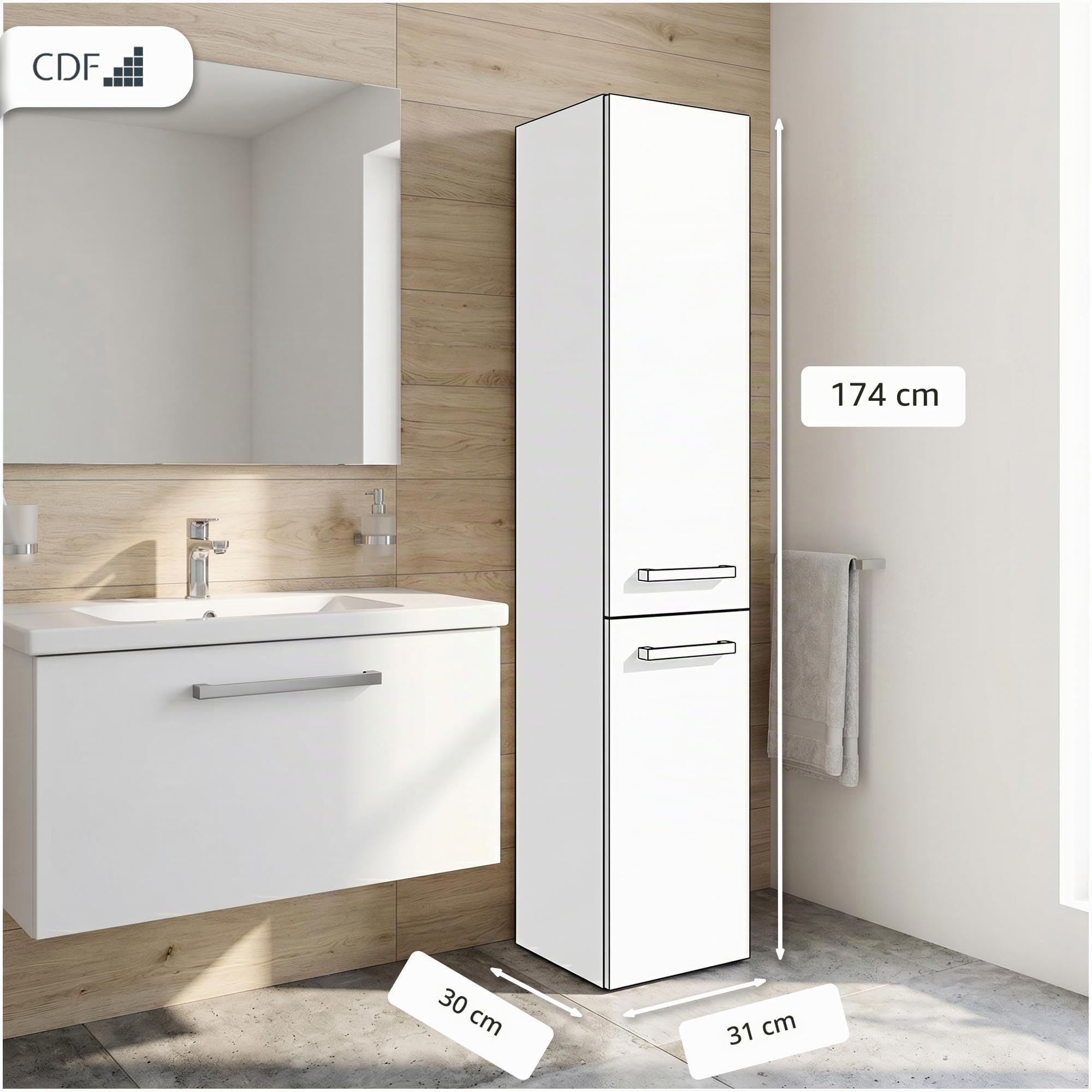 CDF Mueble de Baño y Lavandería, Columna de Baño Estrecho, Armario Alto sin Cesto para la Ropa, Armario Que Ahorra Espacio Salón, Pasillo, Aseo Blanco, Ancho 31 cm, 30x31x174 cm