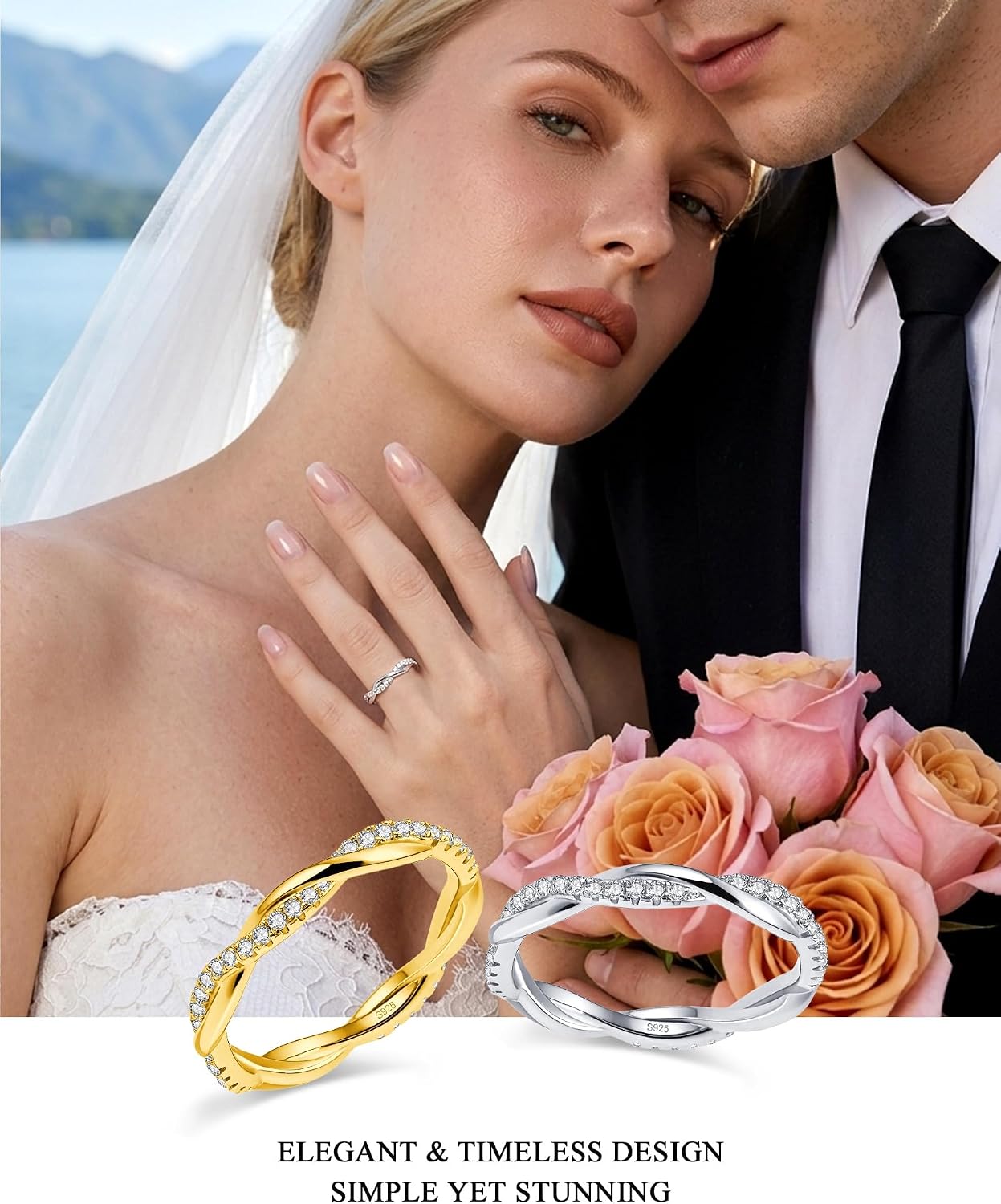Moissanite Engagement Ring for Women, Twisted Infinity Eternity Band Rings, 925 Sterling Silver with 18K White Gold Plated, Stackable Moissanite Wedding Sets for Women, Promise Anniversary Ring