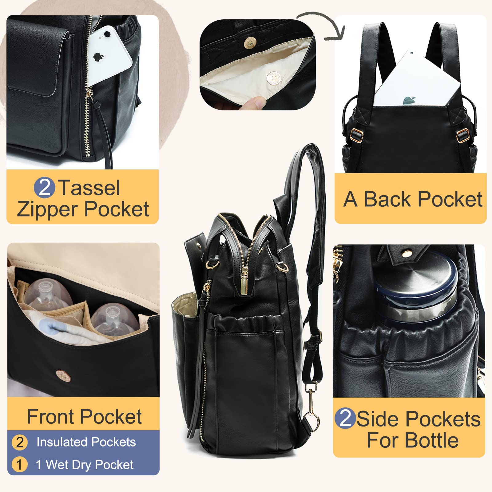 MISS FONG Baby-Wickeltasche, Rucksack, Wickelrucksack, Leder, Wickeltaschen mit Wickelunterlage, Babytaschen für Mama und Papa, mit Kinderwagengurten, isolierten Taschen