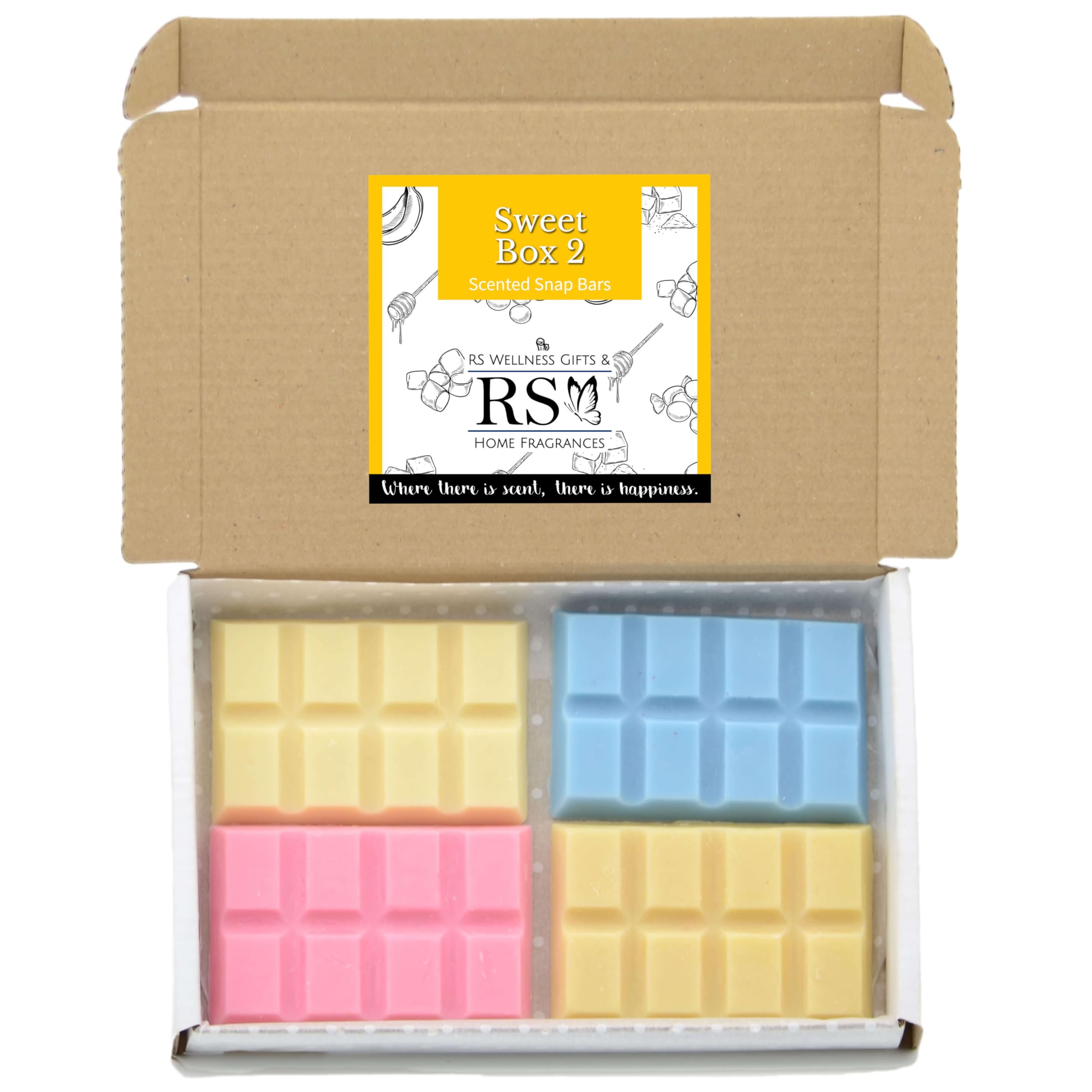 RS Wellness Highly Scented Sweet Scented Wax Melts - 4 x Snap Bar Box - Bubblegum. Tutti Frutti, Monkey Farts and Strawberry Bon Bon - Handpoured Soy Wax