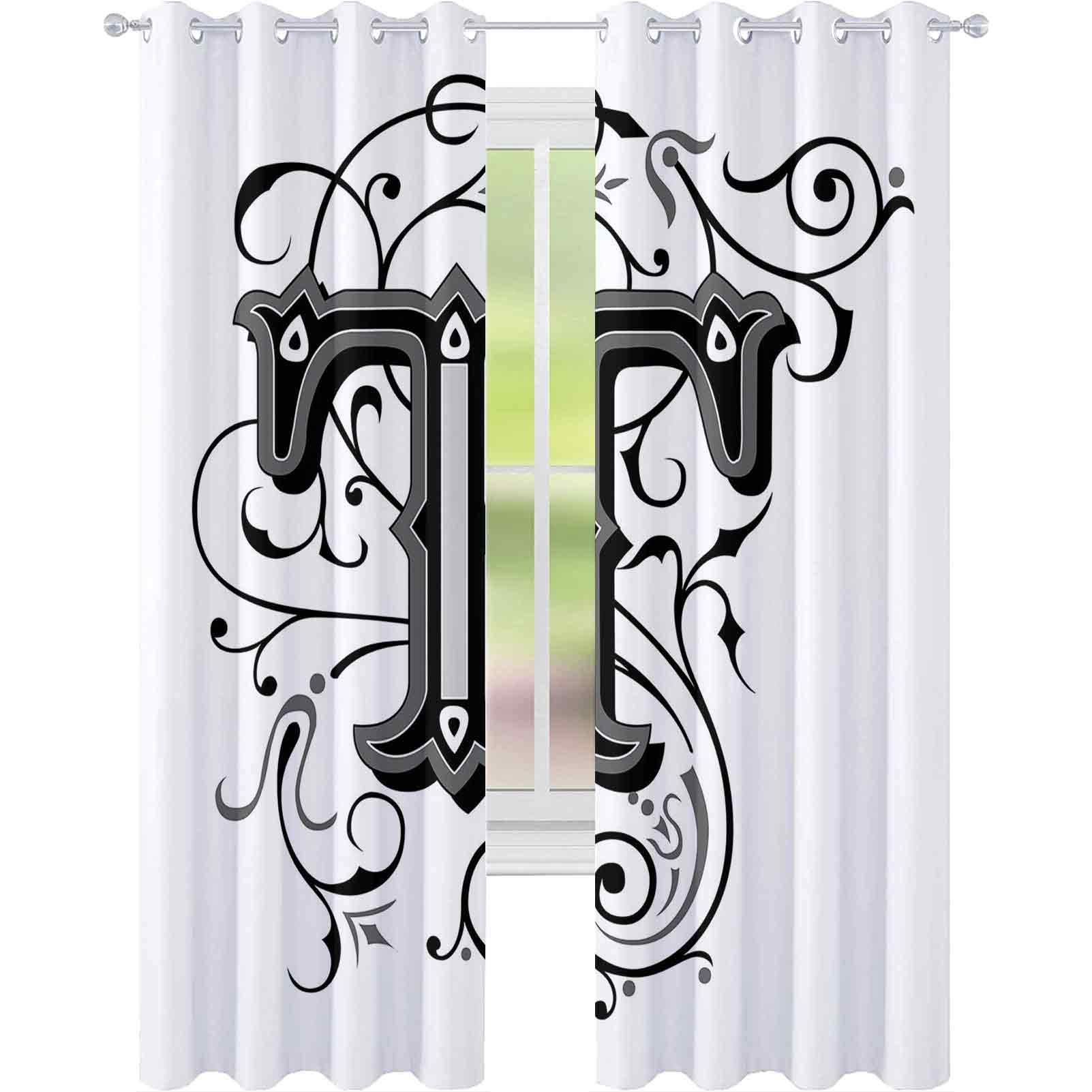 Printed Blackout Curtains, Symmetrical Uppercase Letter in Renaissance Art Style Ornamental Monochrome, W96 x L96 Inch Grommet Blackout Drapes for Living Room, Black Grey White