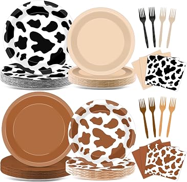 96Pcs Cow Print Paper Plates and Napkins Western Cowboy Party Supplies