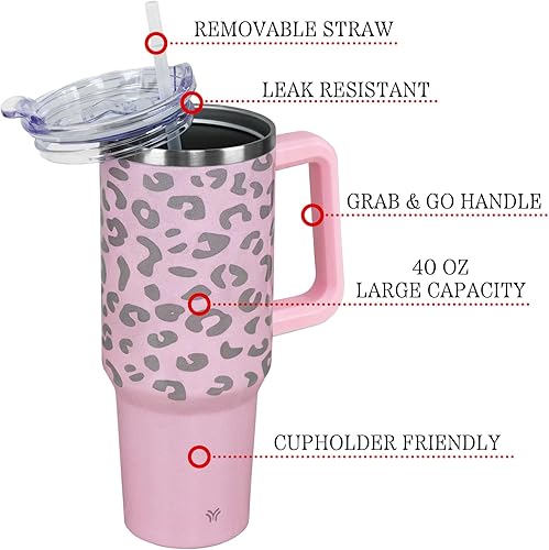 Miniatura 2 de Wesncdch Vaso de 40 onzas con asa y tapa con pajilla, vaso aislado al vacío a prueba de fugas, taza de agua de viaje de acero inoxidable que se