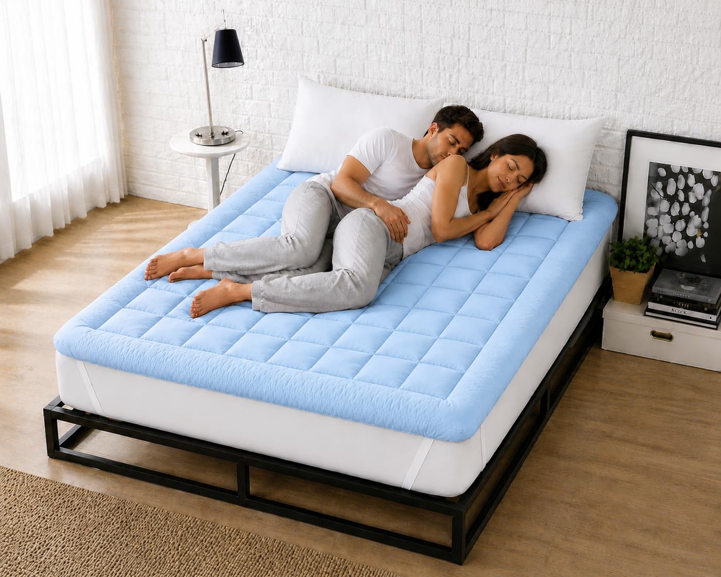 1200GSM Hollow Fibre Mattress Padding/Topper Sky Blue for King Size Bed-72 Inch X 75 Inch-image-7