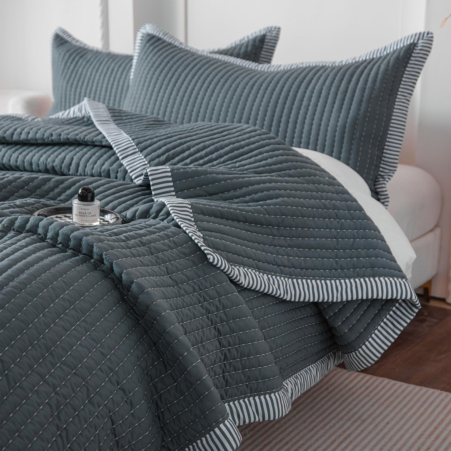 BOV Quilts Queen Size, 3-Piece Grey Ticking Bedding Set with 92"x96" Quilt & 2 Pillow Shams Lightweight Queen Bedspread, Striped Comforter, Soft Microfiber Quilt for All Seasons, Easy Care - Image 2