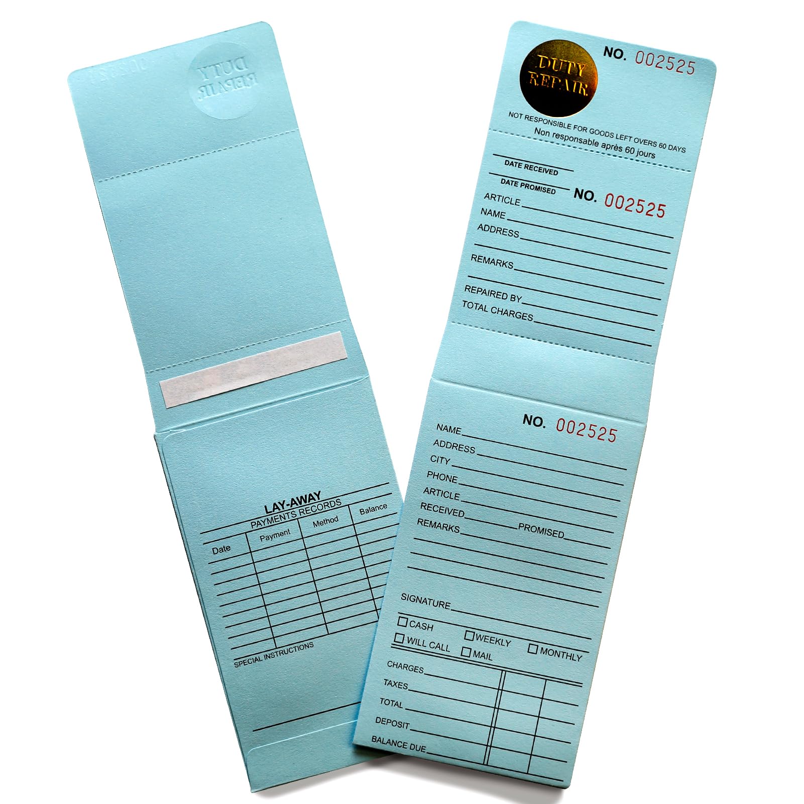 Jewelry Repair Envelopes 3-Part Tear-Off Light Blue Receipt Numbered in Consecutive Order