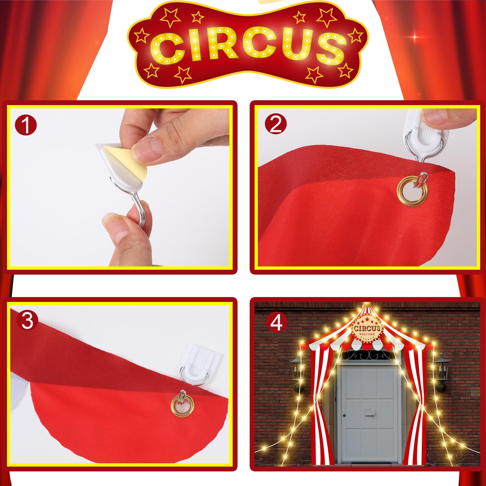 Preboun 7 piezas de decoración de tienda de circo, decoraciones de fiesta de carnaval, decoraciones de circo con cadena de luz, decoraciones de carnaval, pancarta de rayas rojas y blancas para fiestas