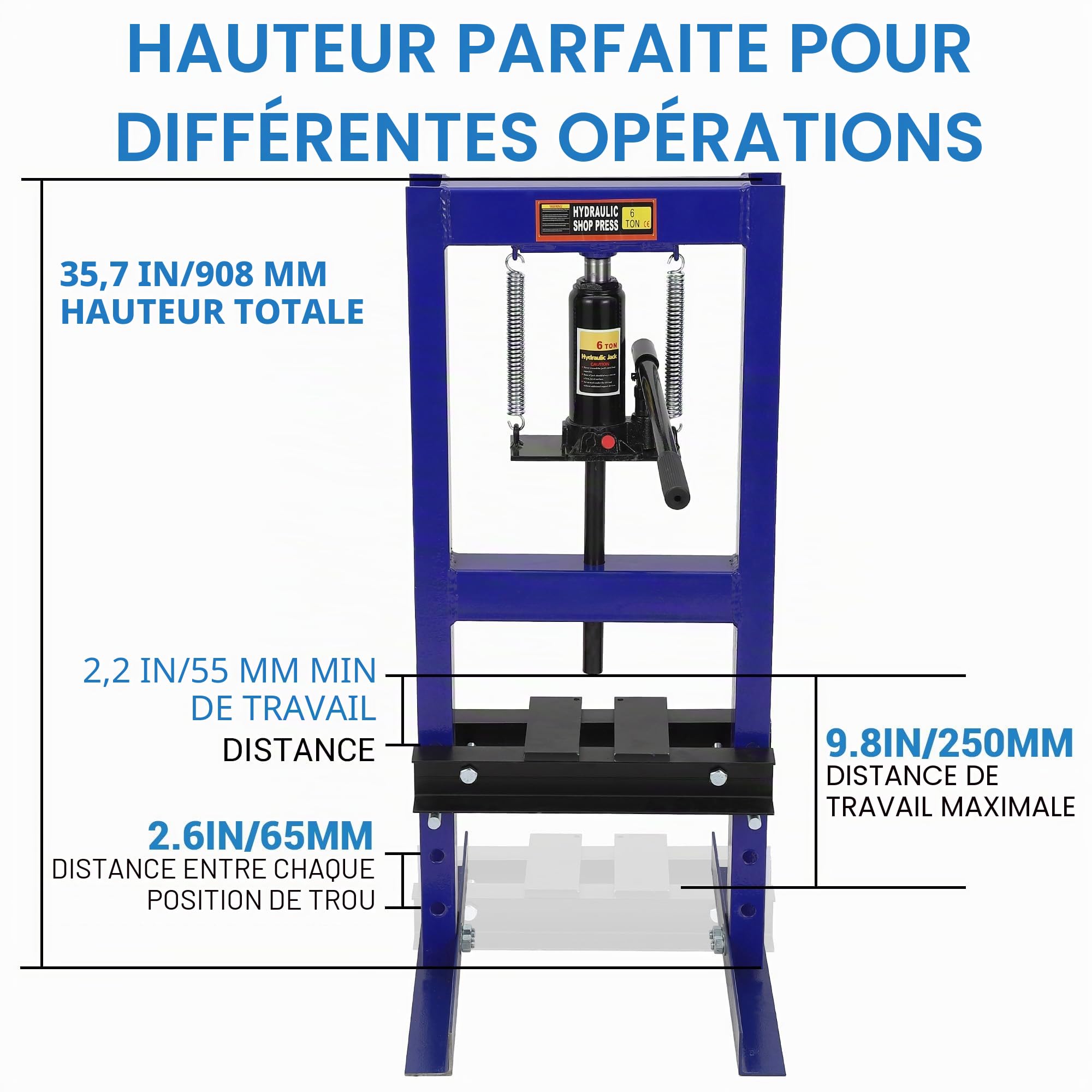 Garvee Presse Hydraulique 6 Tonnes Cadre H Robuste – Table Réglable & 2 Plaquettes – Pour Ébavurage, Redressage Métal & Réparations Auto