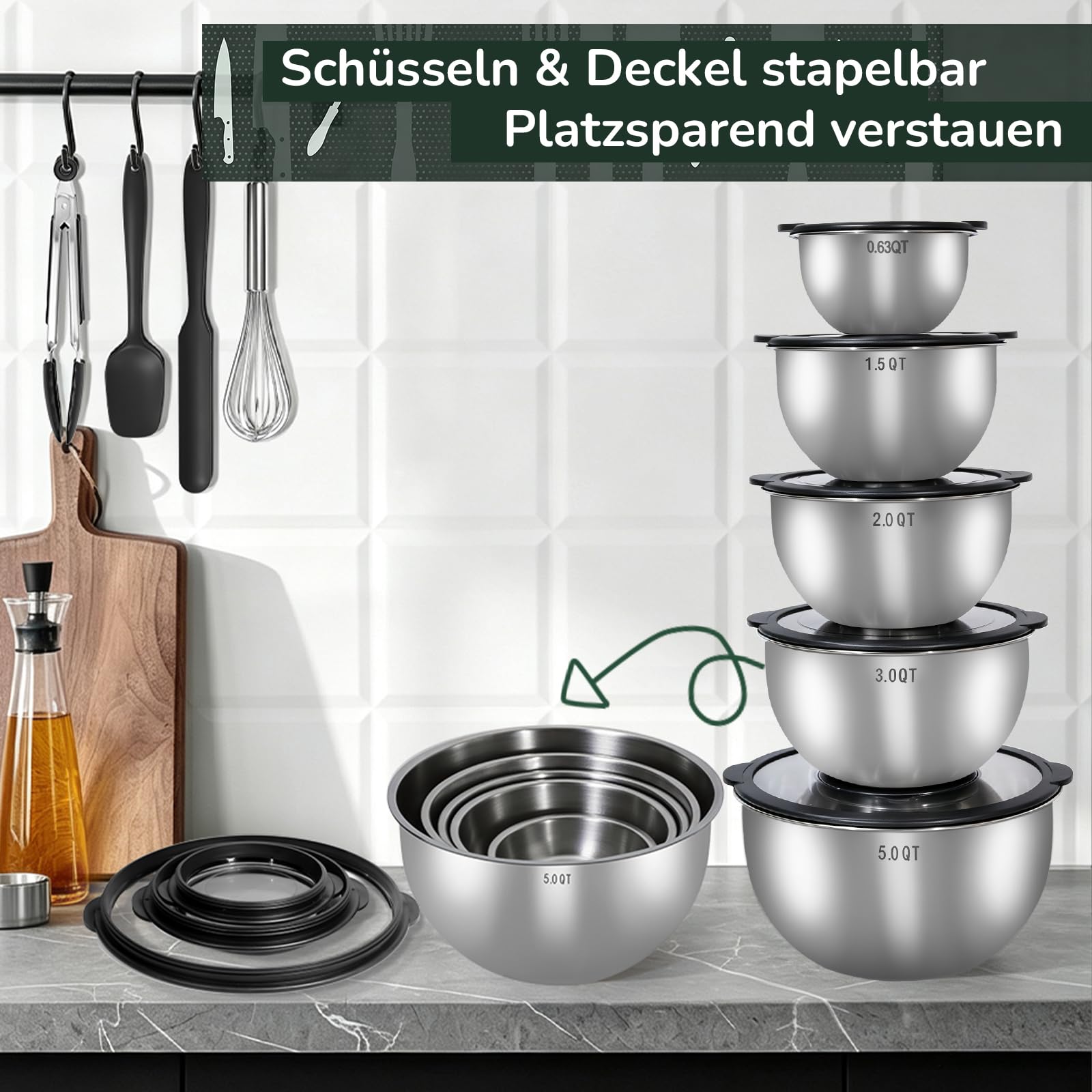 Salatschüssel mit Transparentem Deckel 5er Set - Edelstahl Rührschüssel aus stapelbar, 0,7l + 1,7l + 2,2l + 3,4l + 5,6l, Schüsselset zum Mischen & Servieren | Spülmaschinenfest | inkl.Reibe