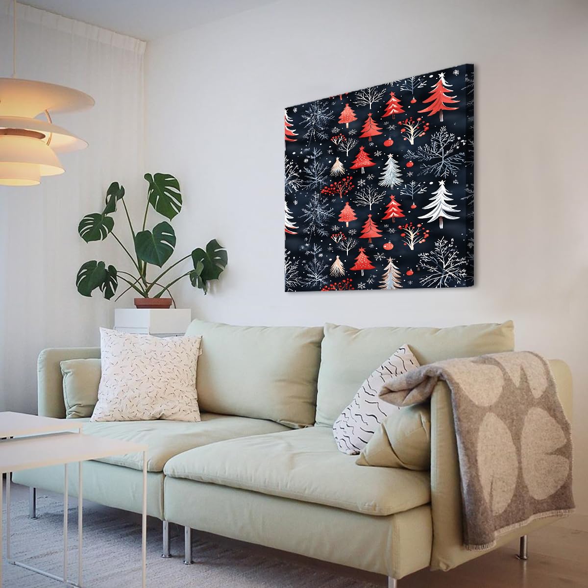 CHERHERART Czerwone i białe choinki płótno płótno płatek śniegu obrazy na płótnie wydruki do salonu dekoracja domu sypialni jadalni 65 x 65 cm rama wewnętrzna