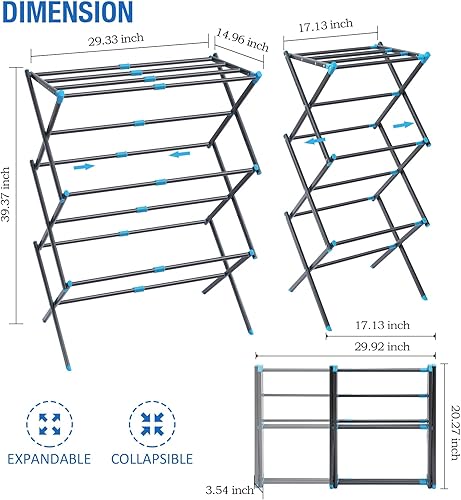 Miniatura 2 de TOOLF Expandable Clothes Drying Rack, Mteal Laundry Drying Rack, 3-Tier Collapsible Clothing Dryer, Adjustable Towel Rack for Air Drying Clothing,