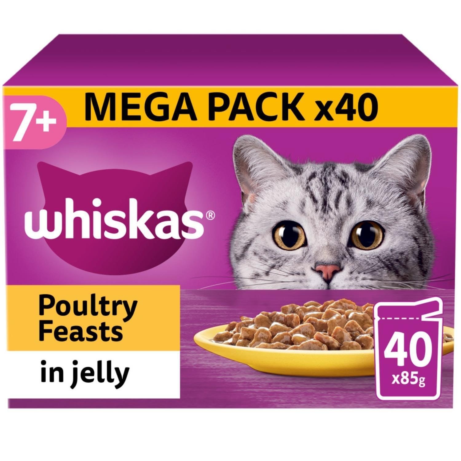 Whiskas 7+ Poultry Feasts Mixed Senior Wet Cat Food Pouches in Jelly 120 x 85g