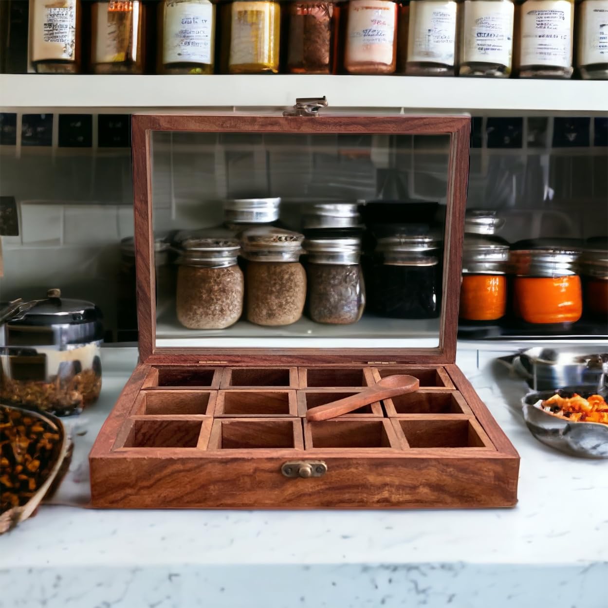 KRAFTANGLE Sheesham Wooden Table Top Masala Dabba Containers Jars Cum Kitchen Spice Box with Spoon (10 x 8 x 2 inch, Brown) with 1 Spoon