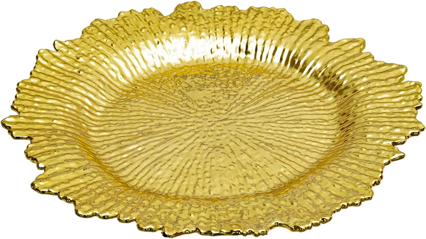 24 Pack Charger Plates - Bulk Plastic Plate Chargers with Floral Reef Design Round Ruffled Rim Dinner Charger Plates - for Dinner Plates,Wedding,Party Elegant Decoration Place mats (Gold)