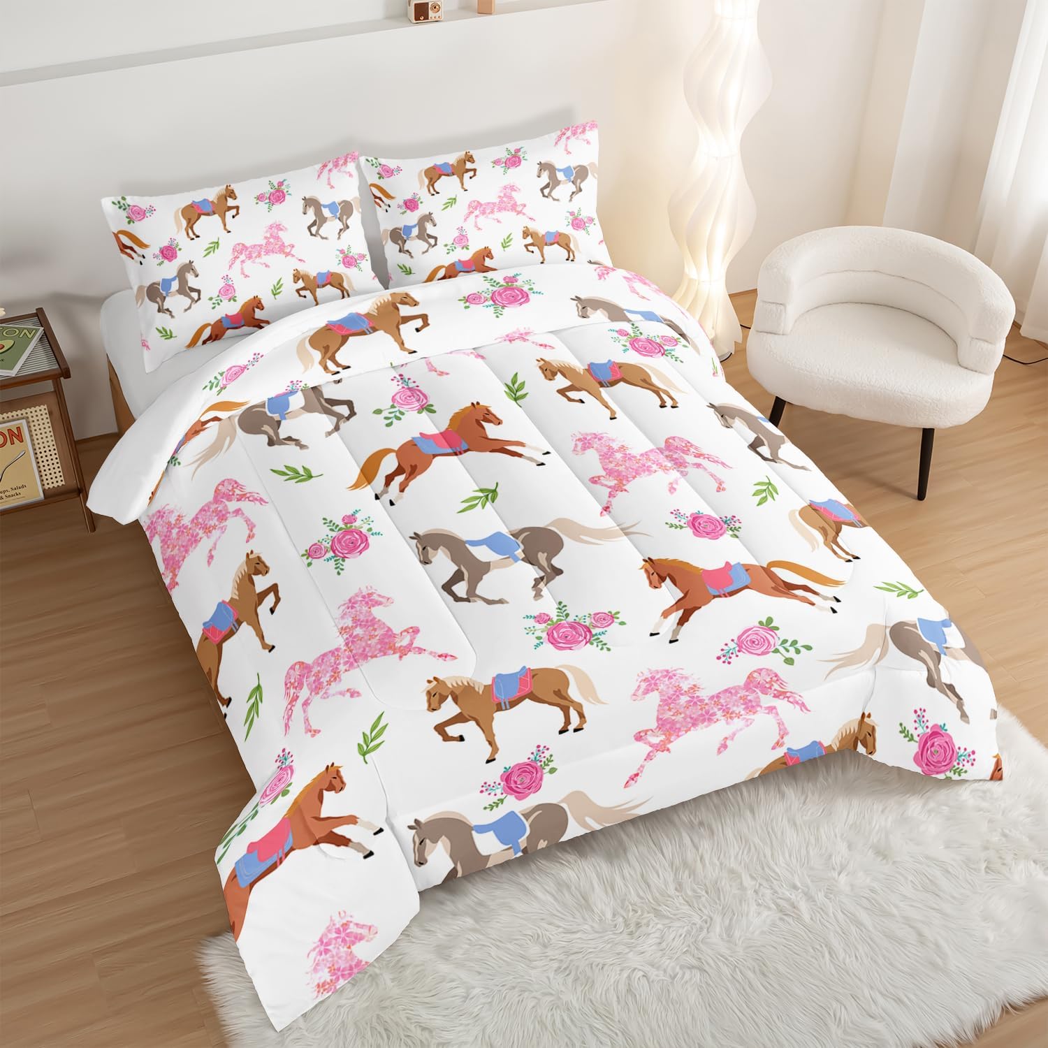 HOSIMA Kawaii Pink Rose Horse Twin Comforter Princess Toddler Bedding Set,Cute Animal Horse Bedding Girls Teens Aesthetic Room Decor,Cowboy Cowgirl Colorful Pony Twin Bed in a Bag. - Image 3