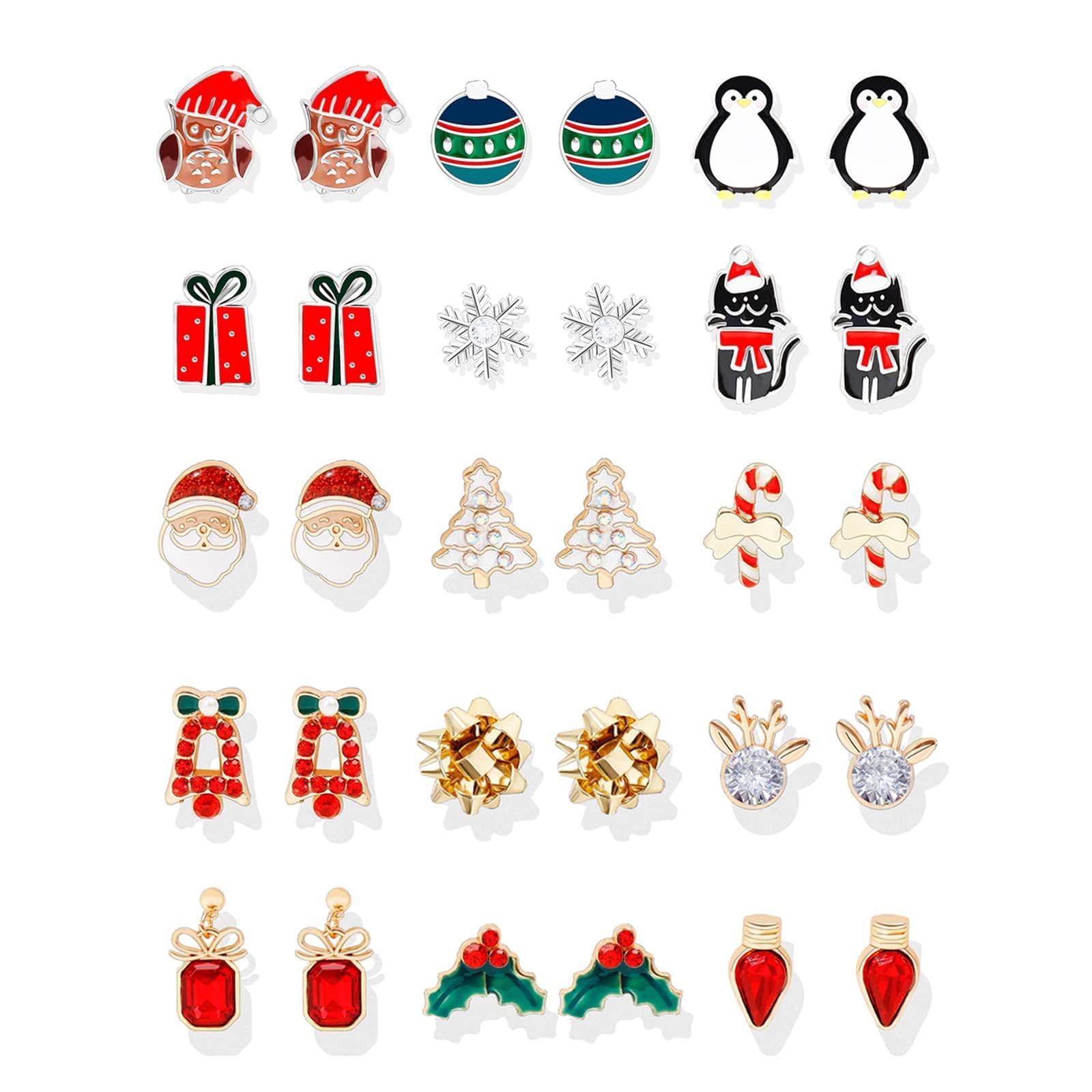 Christmas Earrings for Women Stocking Stuffers Cute Holiday Gift Xmas Tree Bow Santa Elk Snowman Candy Stud Earrings Set Christmas Decorations Gifts