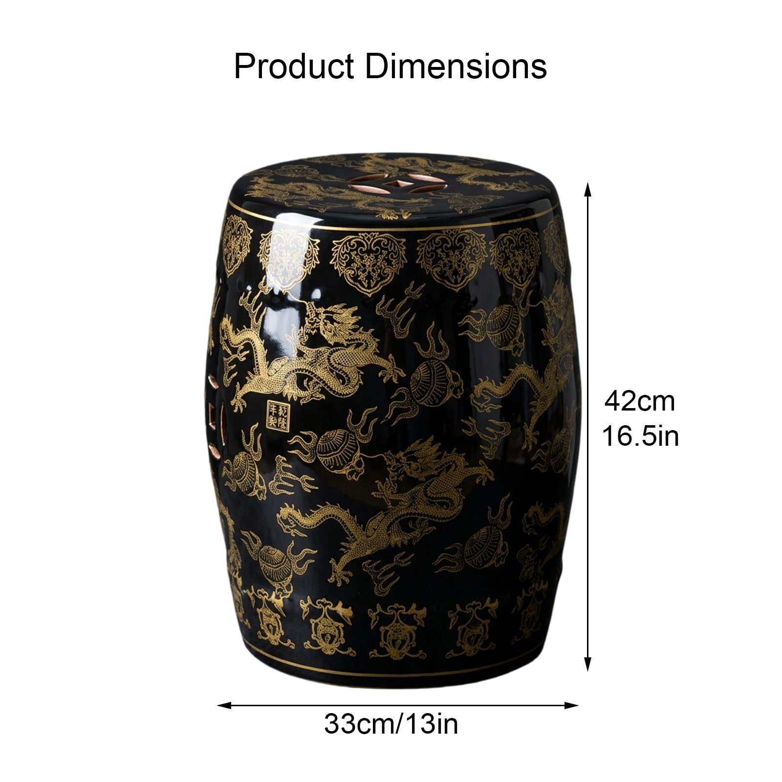 Ceramiczny stołek ogrodowy - stołek perkusyjny Chinoiserie w kolorze czarno-złotym, podnóżek z błyszczącej czarnej glazurowanej porcelany i stolik końcowy do salonu, patio