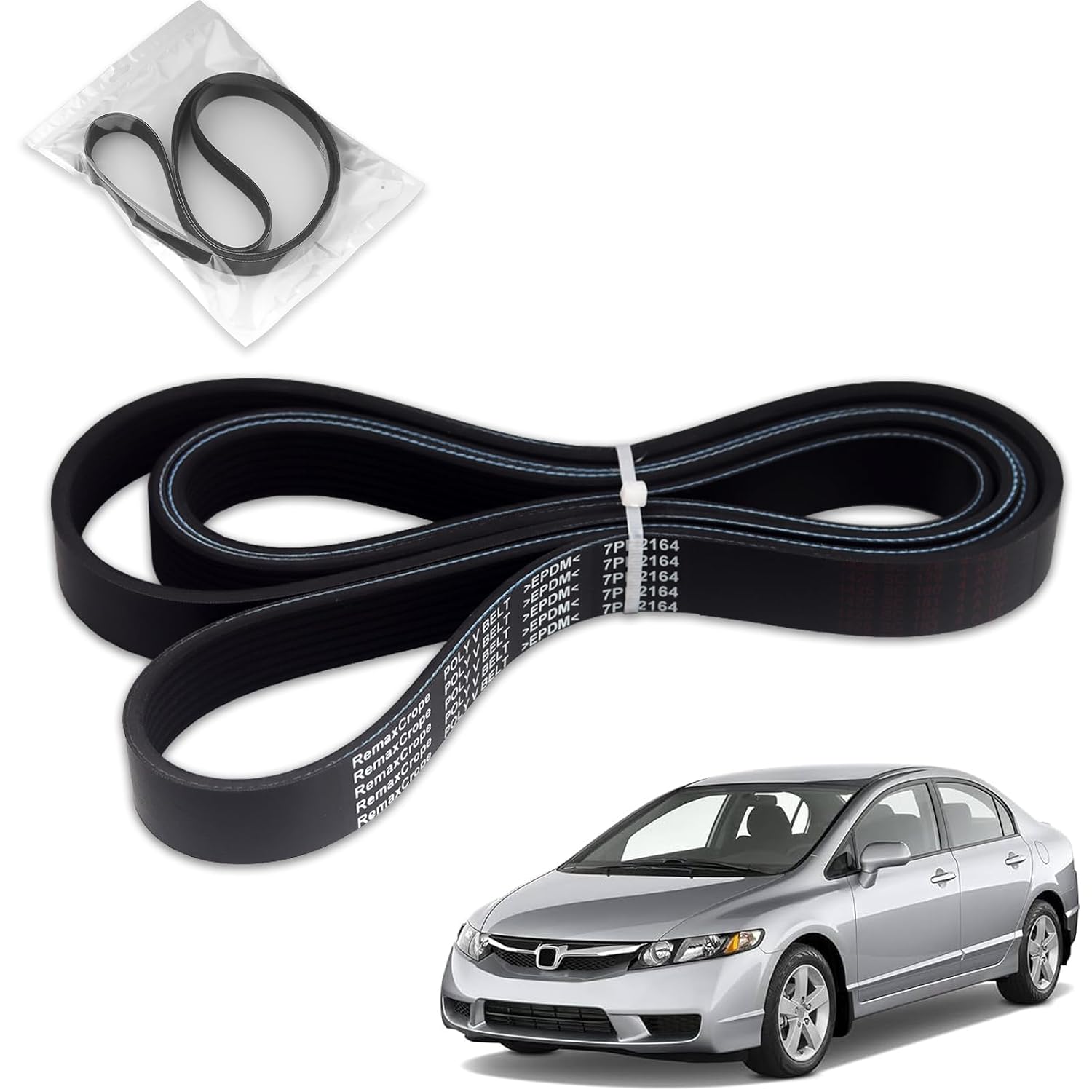 Engine Serpentine Drive Belt Compatible with Honda Civic 2006 2007 2008 2009 2010 2011, Suzuki Aerio 2002 - L4 1.8L Automotive V-Ribbed EPDM Belt Accessories 1070852 7PK2164