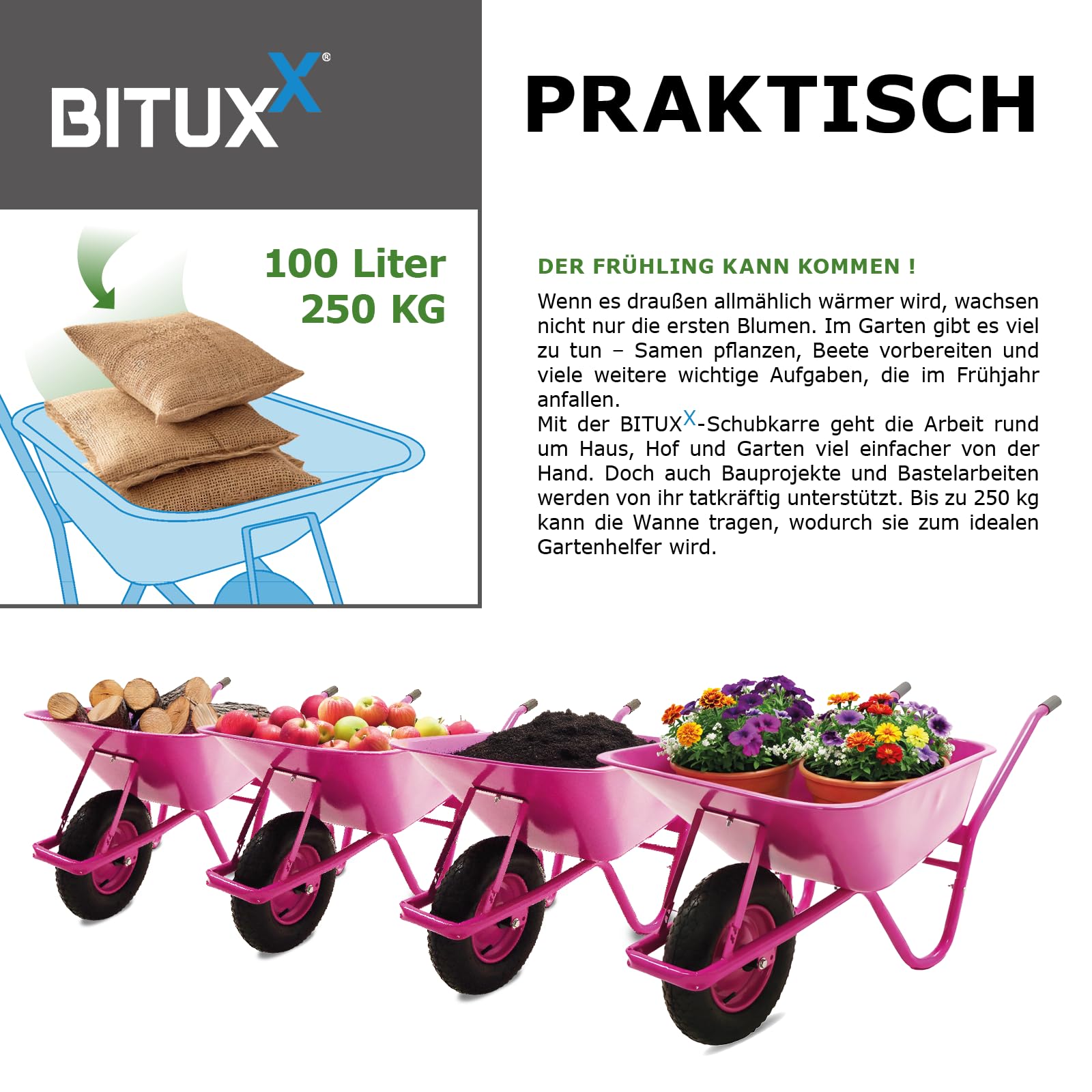 BITUXX® Schubkarre 100L Schubkarren Schiebkarre Bauschubkarre Verzinkt mit Luftreifen und Nadelgelagerter Achse bis 250kg Pink