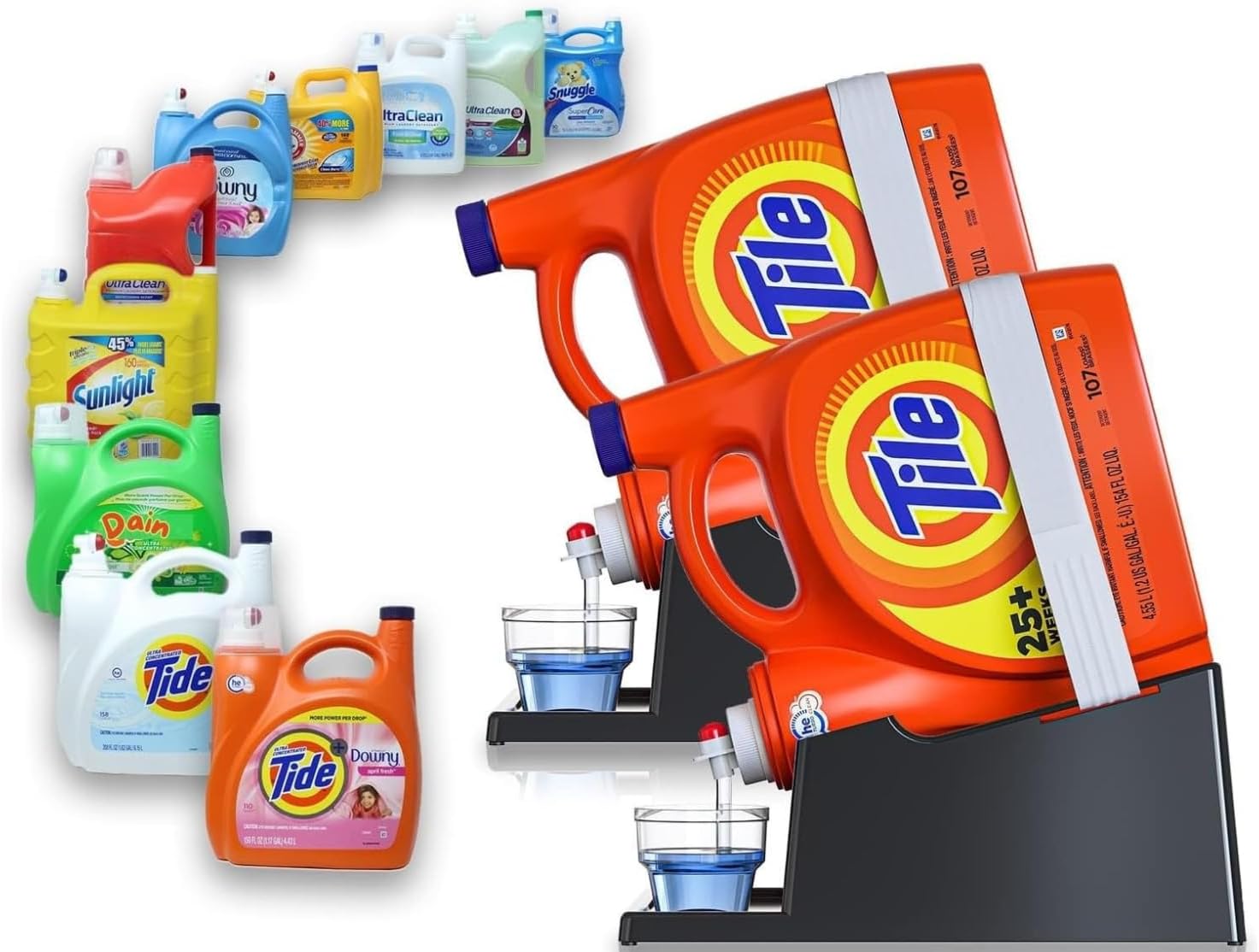 TidyFriend 2 Pack Liquid Laundry Detergent Holder Stand with Drip Tray & Rubber-Grip Feet, Stand for Laundry Room Organization and Storage, Fabric Softener Dispenser with Cup Holder (Black)