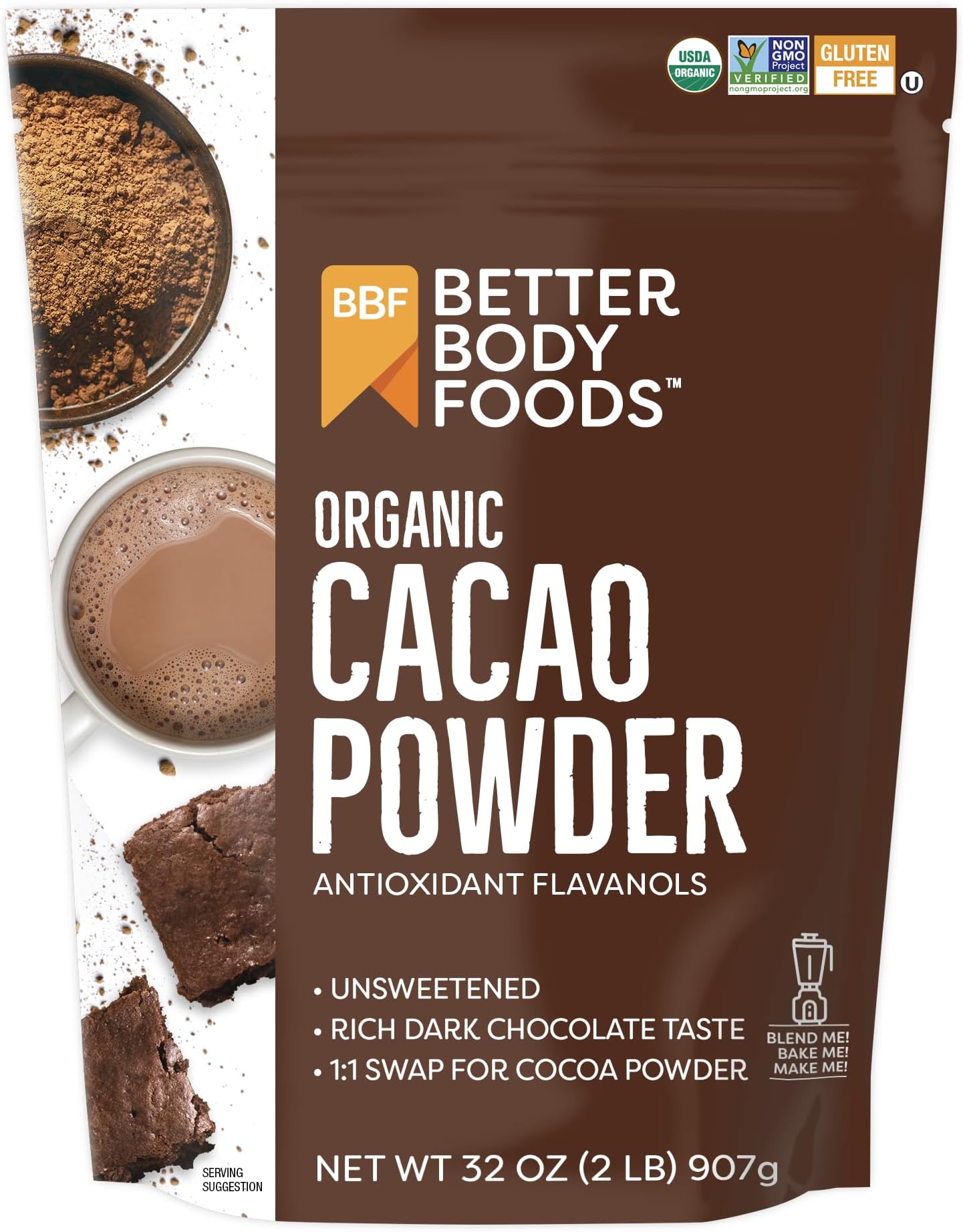 BetterBody Foods Organic Cacao Powder, Unsweetened, Rich Chocolate Flavor, Non-GMO, Gluten-Free, 32 Ounce, 2 lb bag