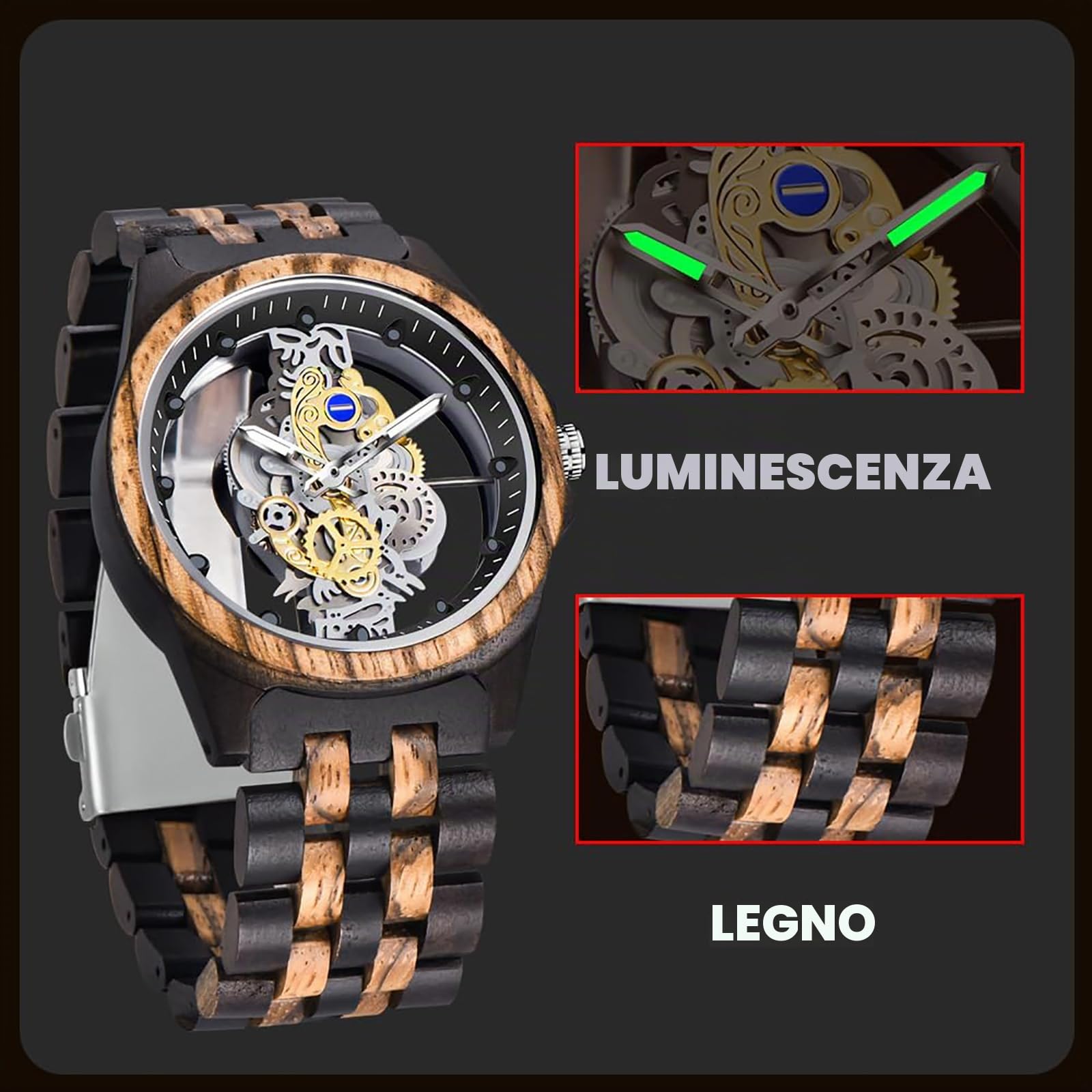 Tiong Orologio da uomo in legno da donna Orologio da polso al quarzo analogico in legno di bambù colorato fatto a mano