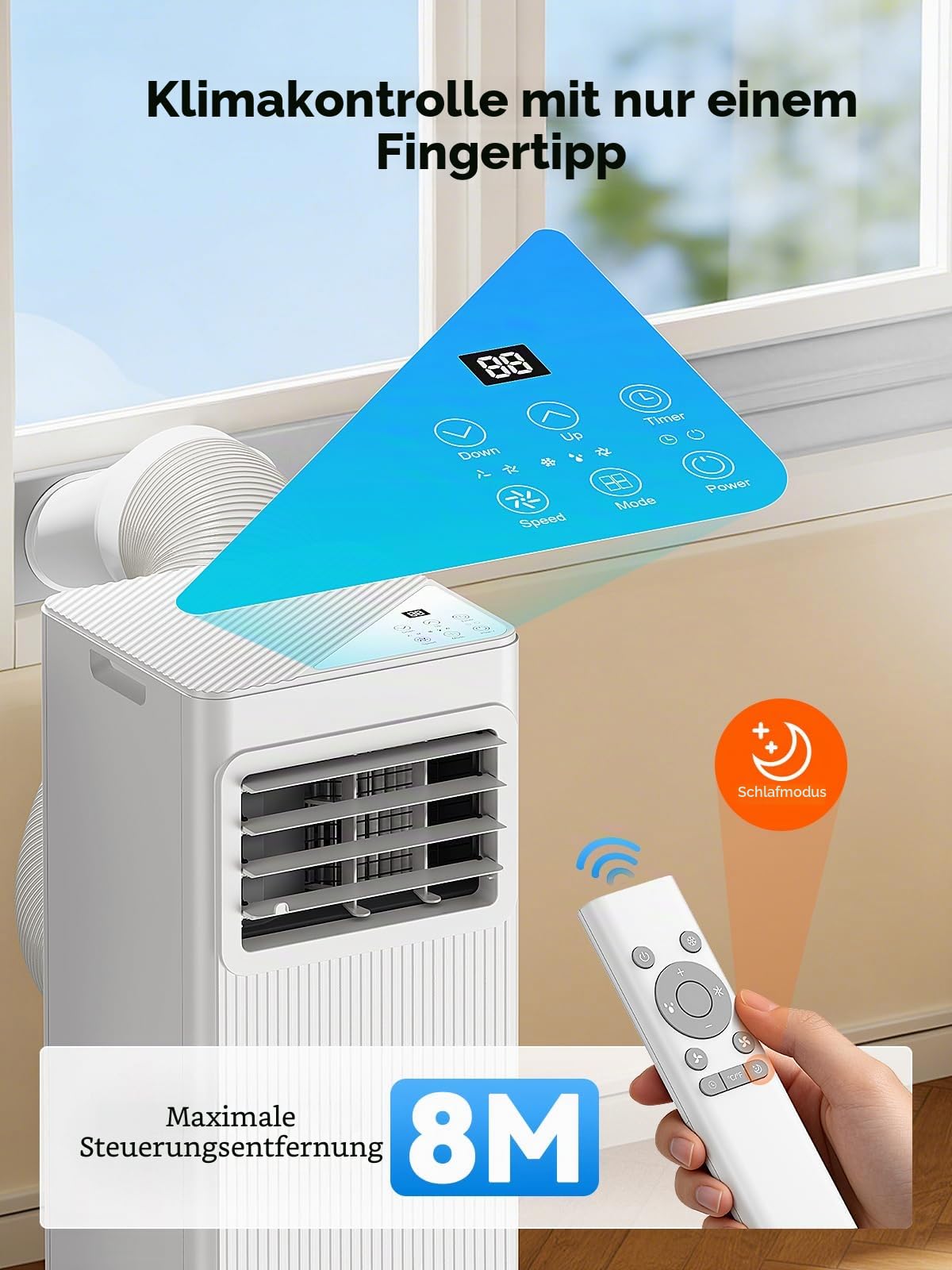 7000 BTU Mobile Klimaanlage 4-in-1, Ventilator und Luftentfeuchter, 19 l, leise mit 24-Stunden-Timer – Abluft- und Dichtungsset für Fenster – bis zu 25 m²(weiß)