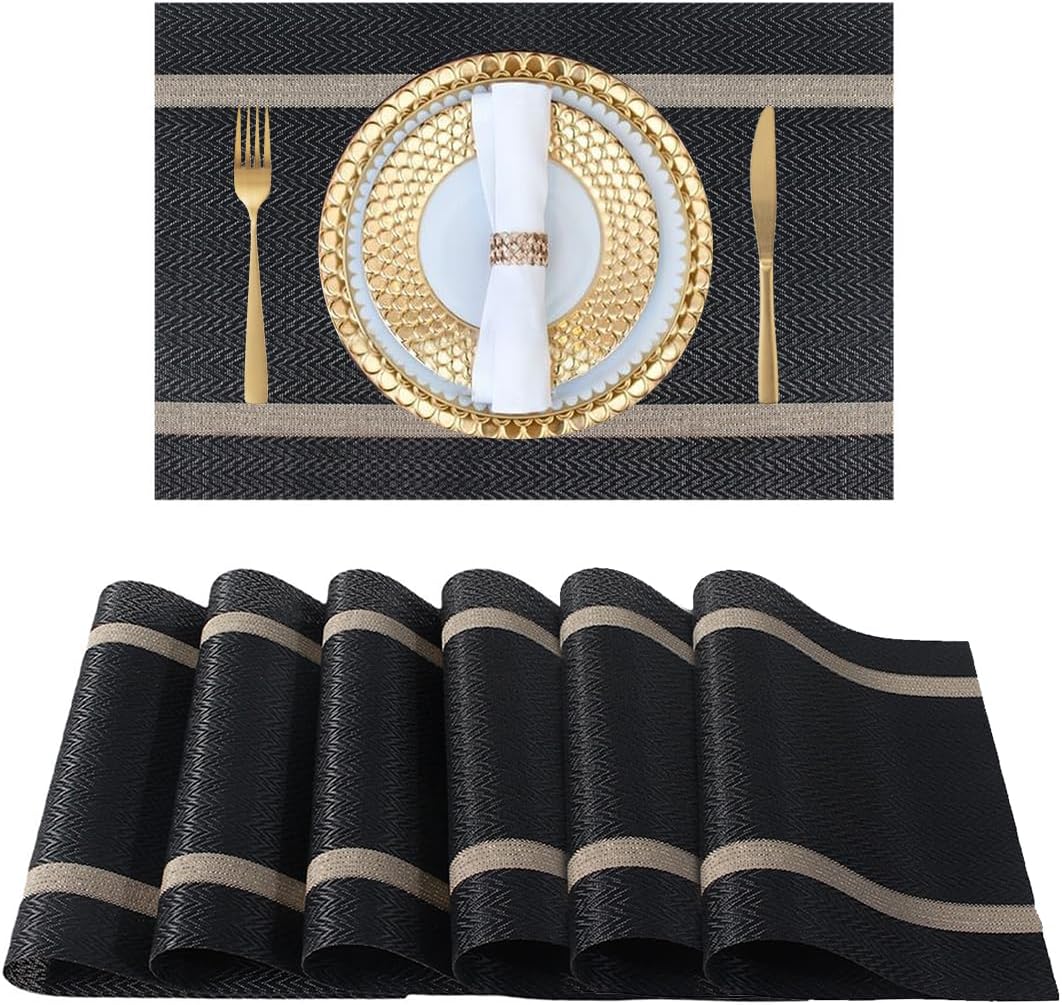 FAVE Placemats Set of 6 Black Placemats Woven with Golden Thread Durable and Wipeable Vinyl Placemat Set of 6 for Wedding, Banquet, Birthday, Party, Restaurant Decorations（Black）