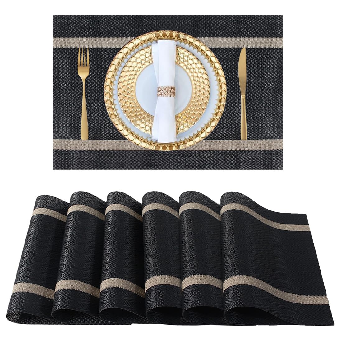 FAVE Black Placemats Set of 6 Woven with Golden Thread Durable Vinyl Table Mats Heat Resistant and Wipeable