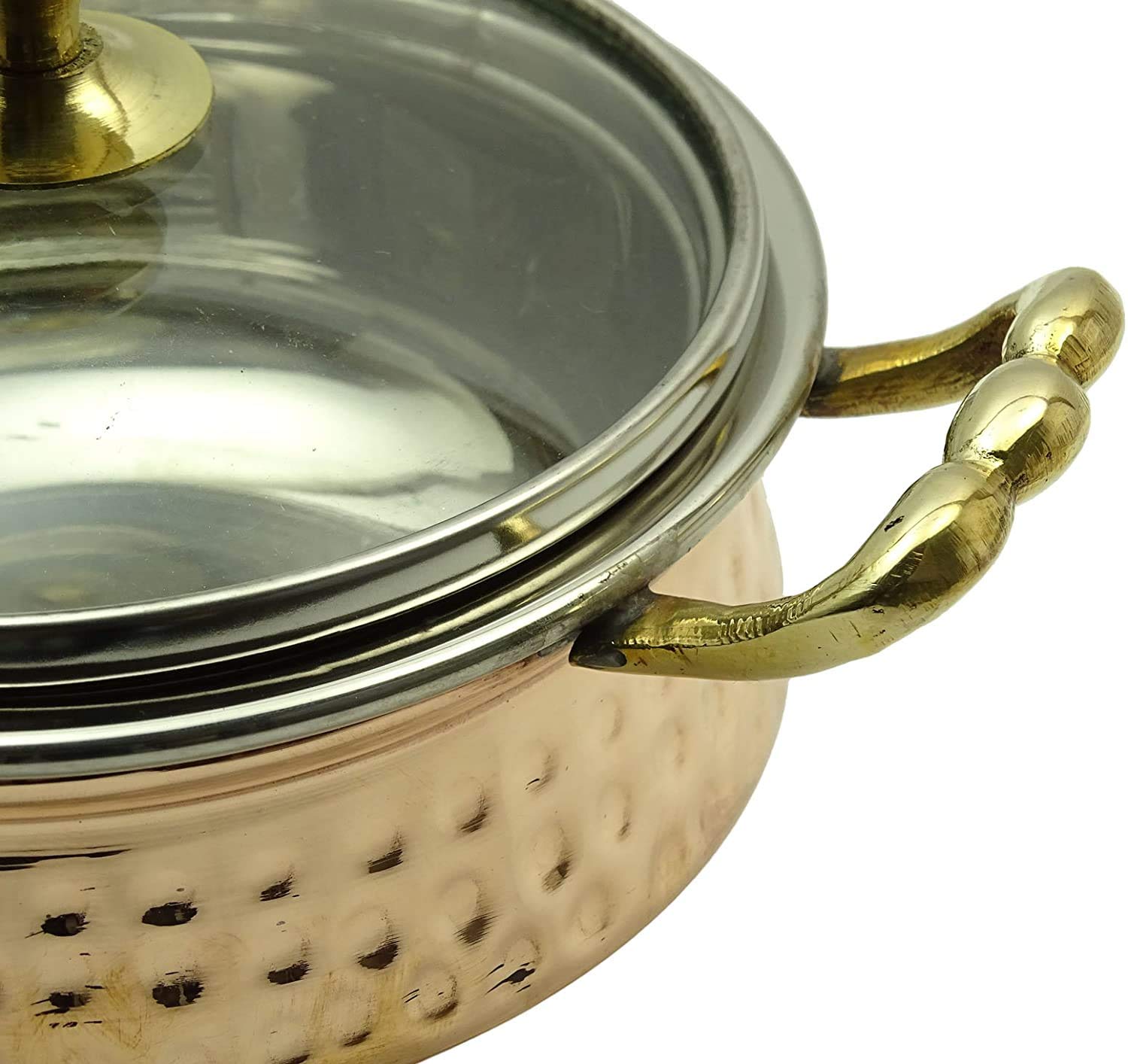 Indyjskie miski do serwowania żywności na musli, zupę, gotowane jedzenie na imprezę, naczynia do serwowania miedzi, stalowe handi z pokrywką (24 cm, 1500 ml)
