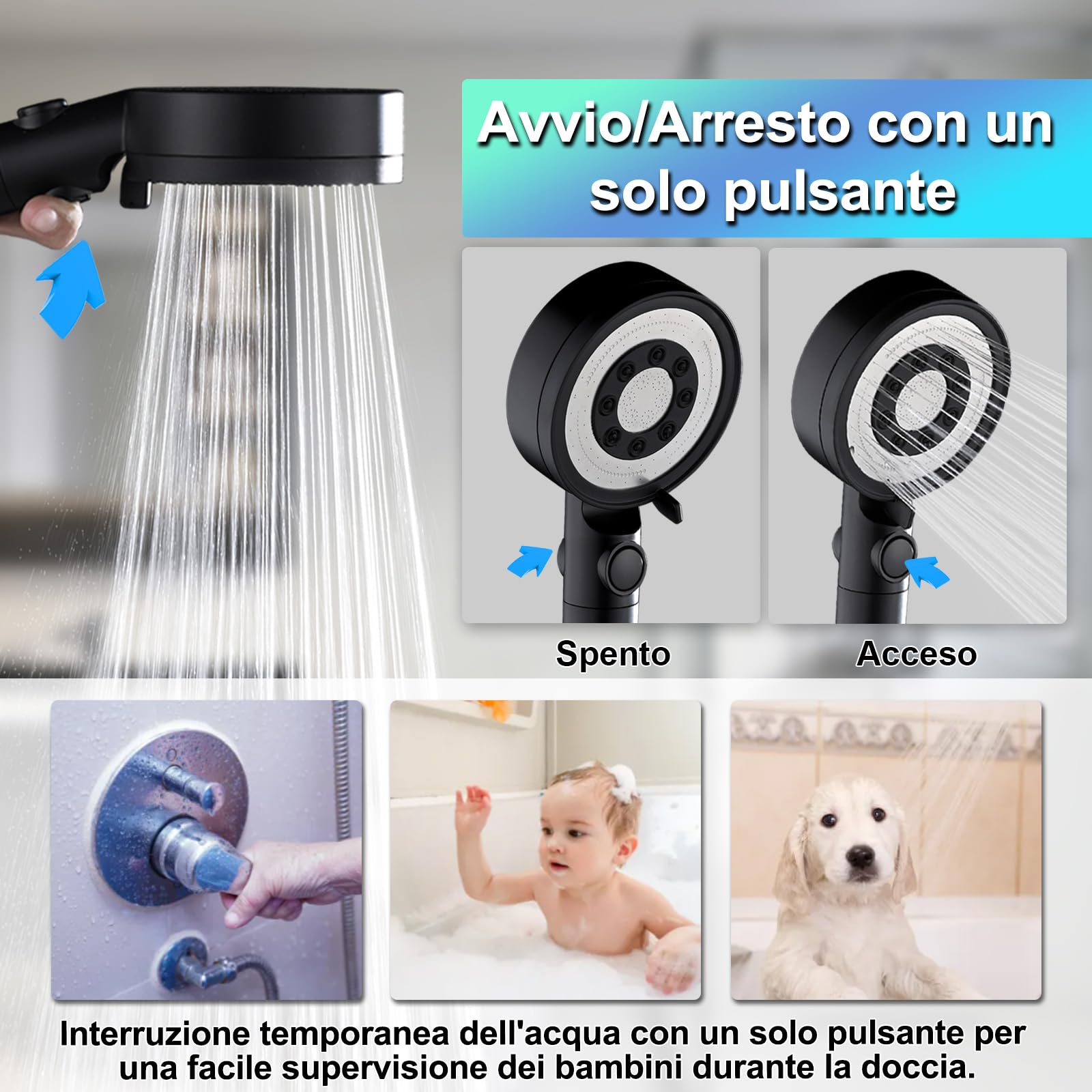Soffione Doccia Nero Alta Pressione con 4 PP Filtro, 5 Modi | Doccino doccia alta pressione filtra cloro residuo, batteri, metalli pesanti altro, universale g1/2, funzione arresto