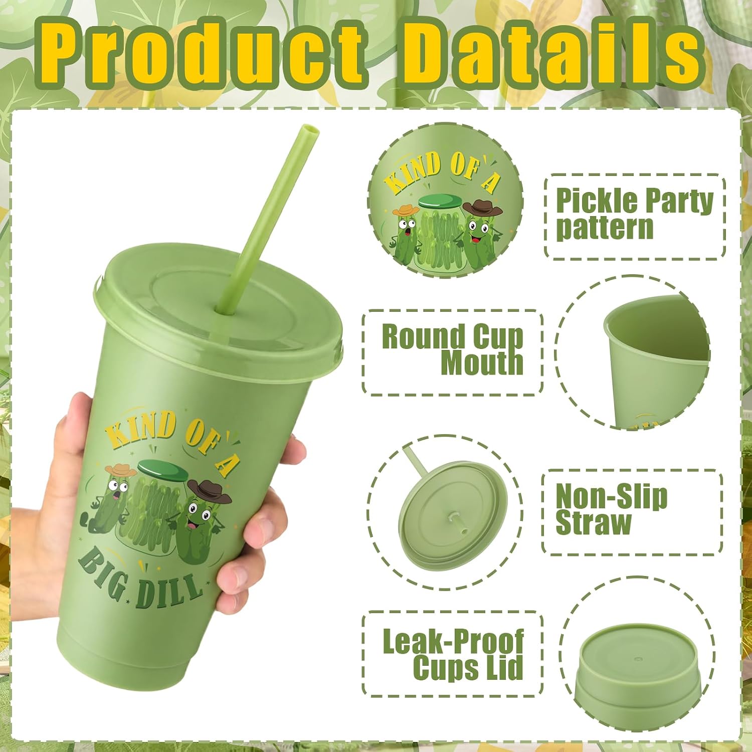 Yungyan 12 Pcs Pickle Party Decorations Plastic Cups with Lid and Straw 24 oz Kind of a Big Dill Cucumber Cups Pickle Birthday Party Favors for Birthday Fruit Vegetable Events Supplies