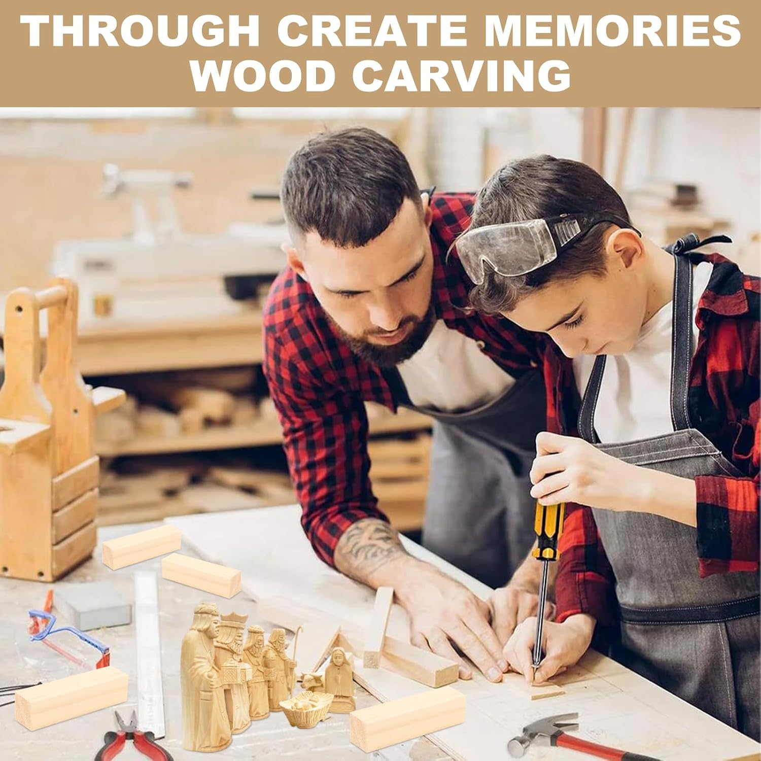 SHUESS 48 Pcs Wood Blocks, 4 X 1 X 1 Inch Wood Carving Kit for Beginners, Unfinished Wood Carving Set for Arts and Crafts