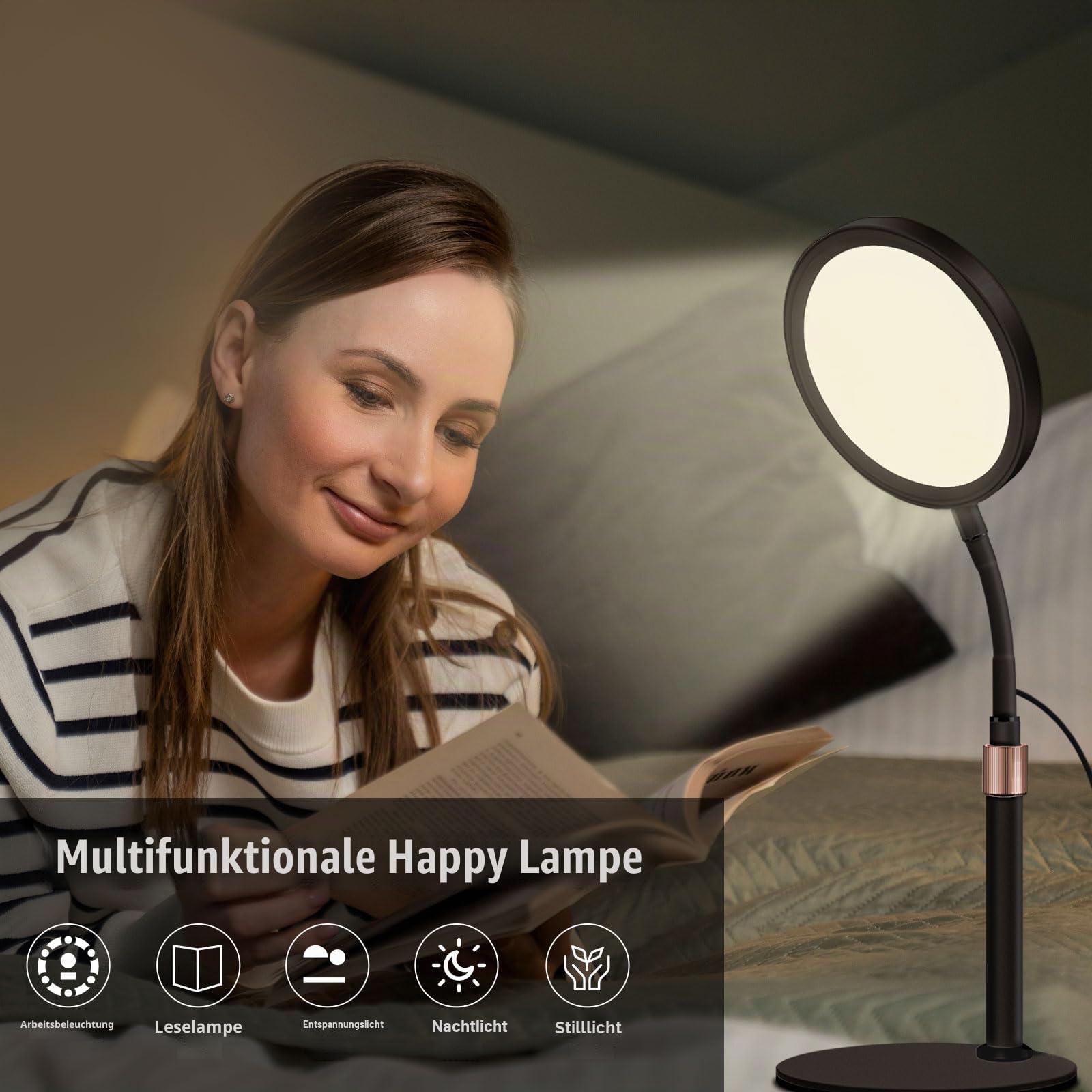 Tageslichtlampe Tageslichtlampen, 10000 Lux Lampe mit 3 Lichtfarben und 9 Einstellbaren Helligkeiten und 3 Timer, Tageslicht Daylight (Schwarz)