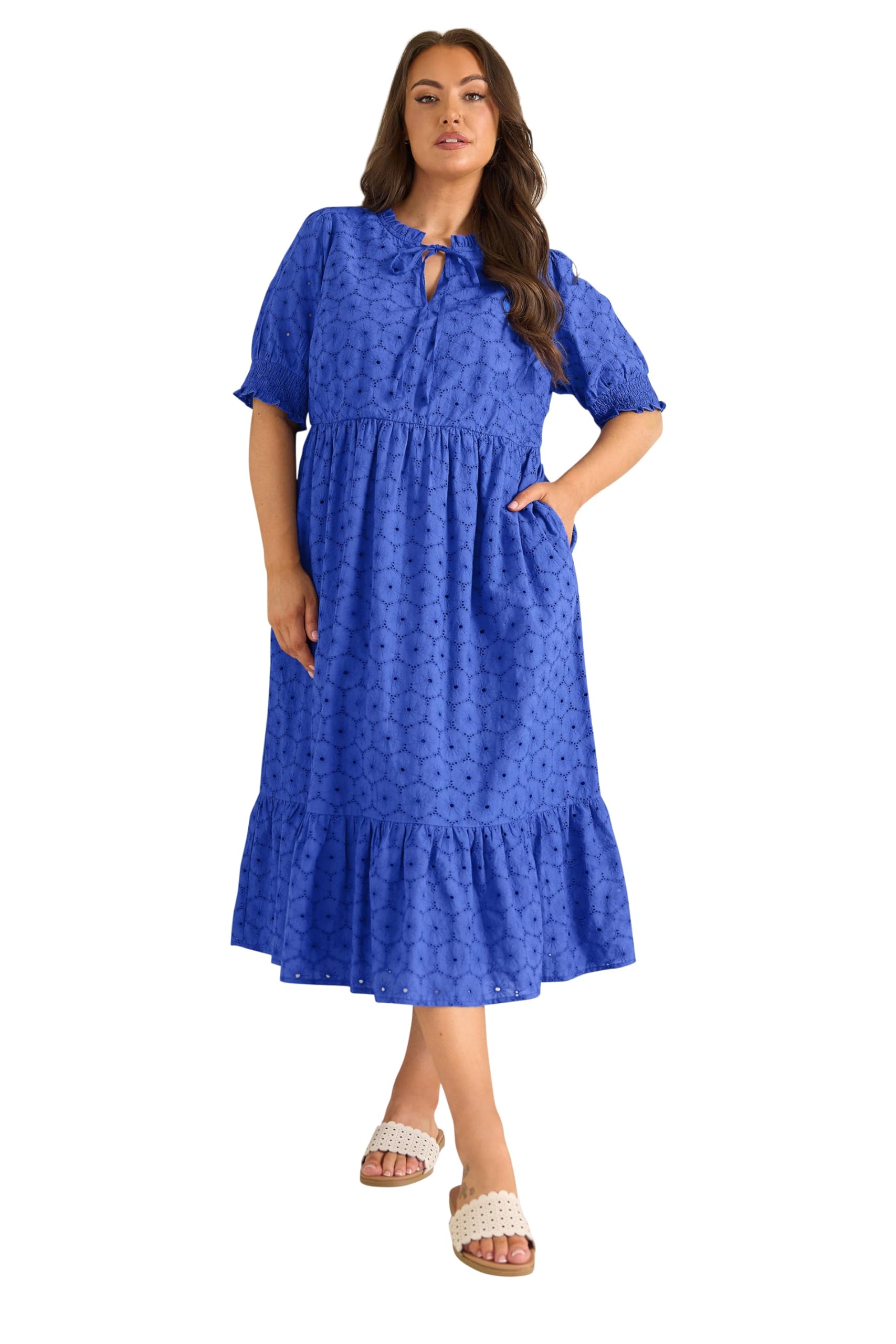 Evans Women's Cobalt Curve Blue Tie Neck Broderie Cotton Maxi Dress - Plus Size Curve