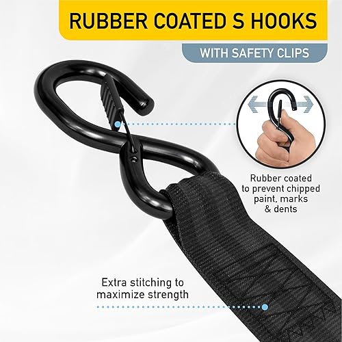 Miniatura 3 de AUGO Correas de amarre retráctiles con trinquete, 2 unidades, 10 pies, resistencia a la rotura de 3000 libras, ganchos en S de bloqueo de seguridad,