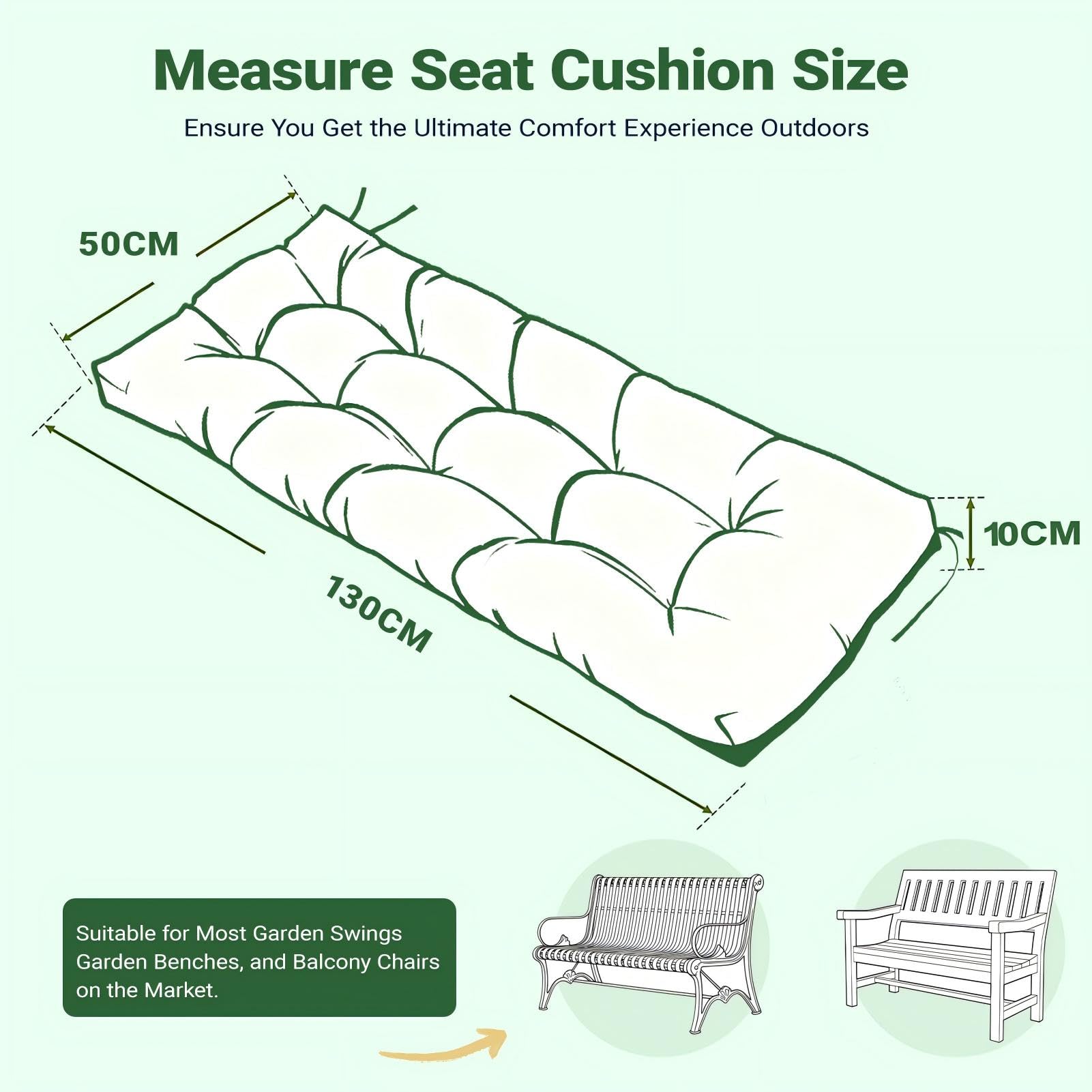 Bench Cushion Outdoor Garden Waterproof: Thick Fade Resistant Rectangle Replacement Sitter Pad with Tie-On Straps for 2-3 Seater Indoor Patio Porch Window Kitchen Dining Chairs (Green, 130X50X10cm) — view 5