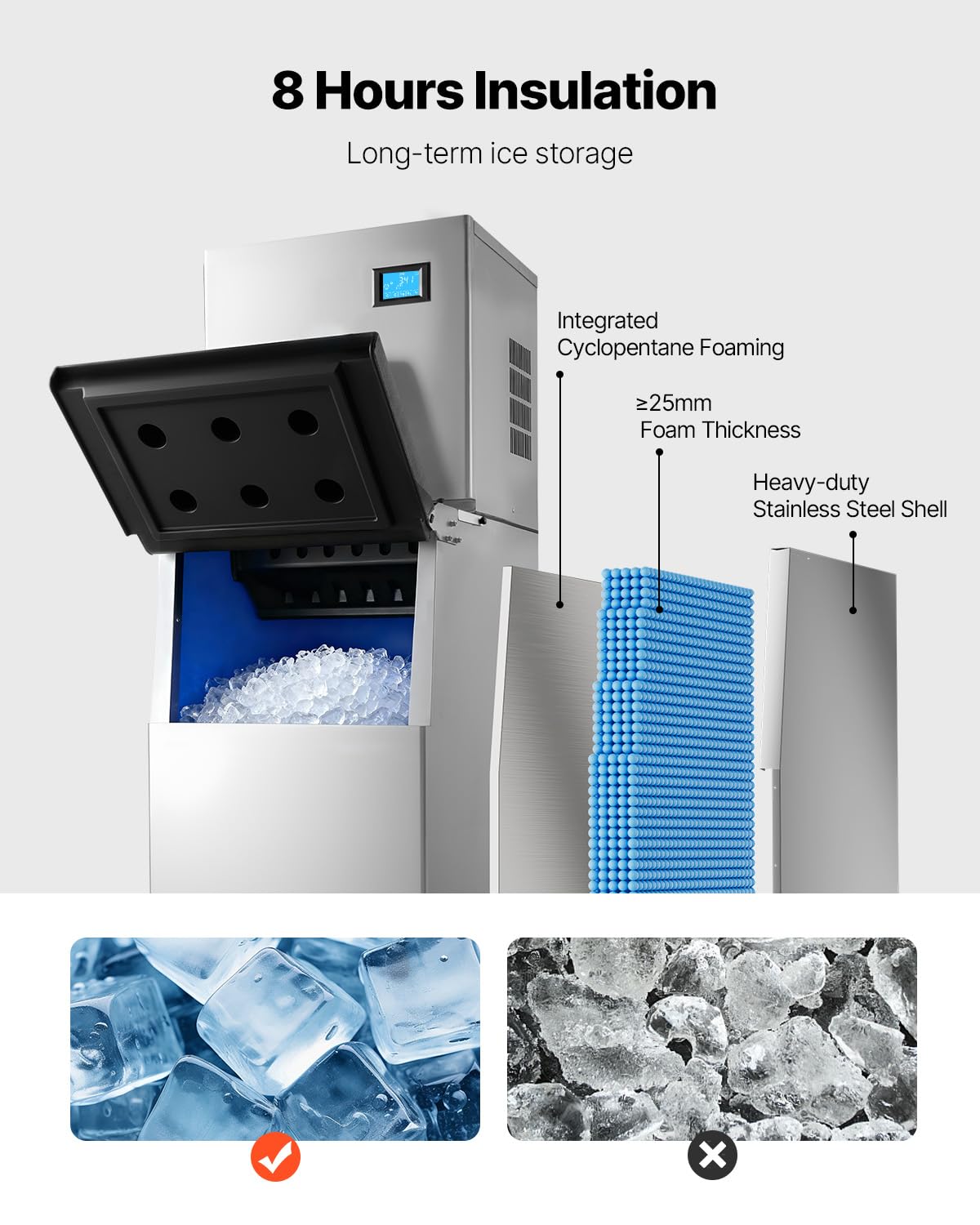 VEVOR Gewerbliche Eismaschine Prozessorkopf 163 kg/Tag Edelstahl, mit Selbstreinigung & Touchscreen, Eiswürfelbehälter mit 113 kg Kapazität, Ideal für Restaurants Bars Cafés Hotels