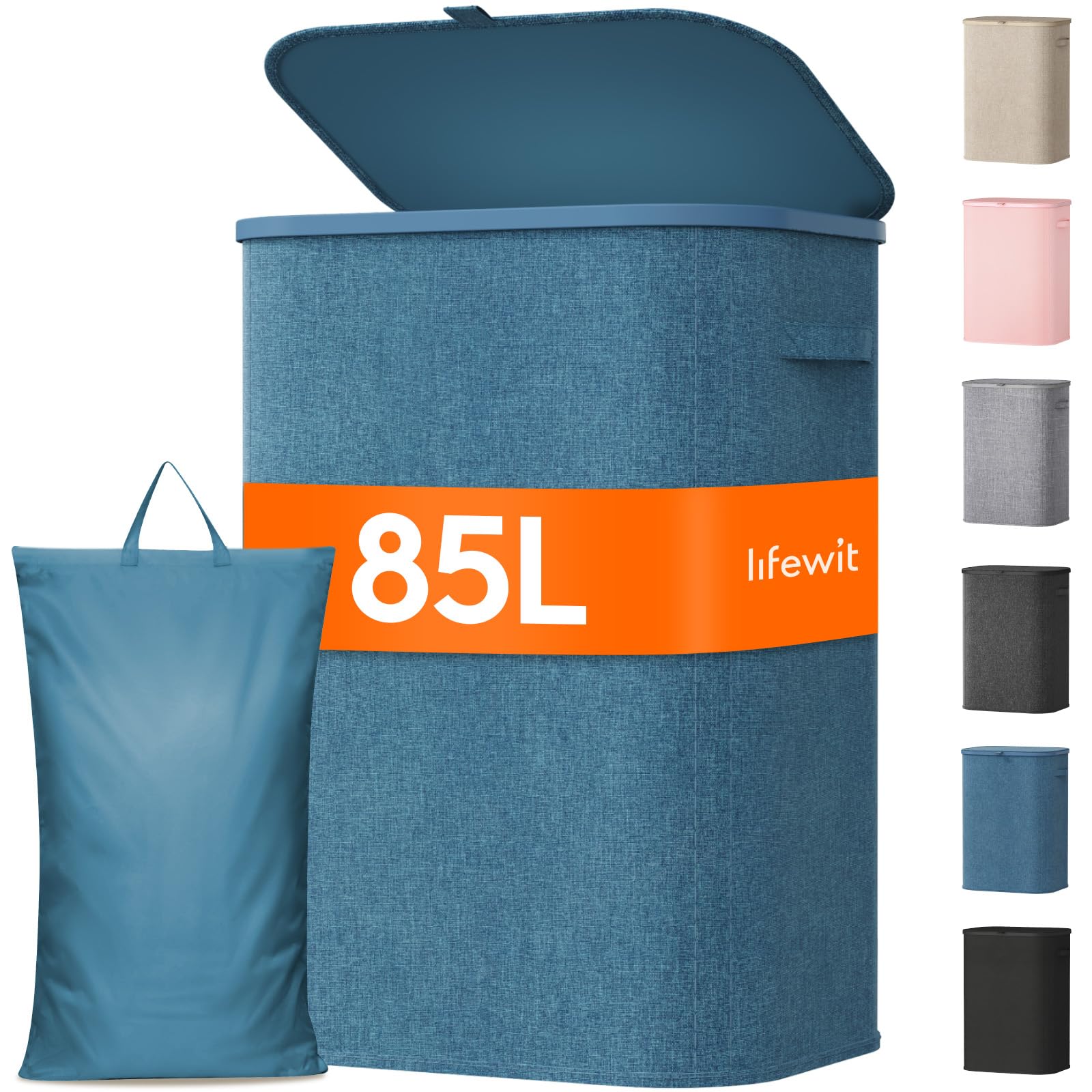 Lifewit 85L Laundry Basket with Lid, Large Laundry Hamper with Plastic Handles and Removable Bag, Foldable Tall Dirty Clothes Hampers for Laundry for Laundry Room, Bedroom, Bathroom, Dorm, Dark Blue