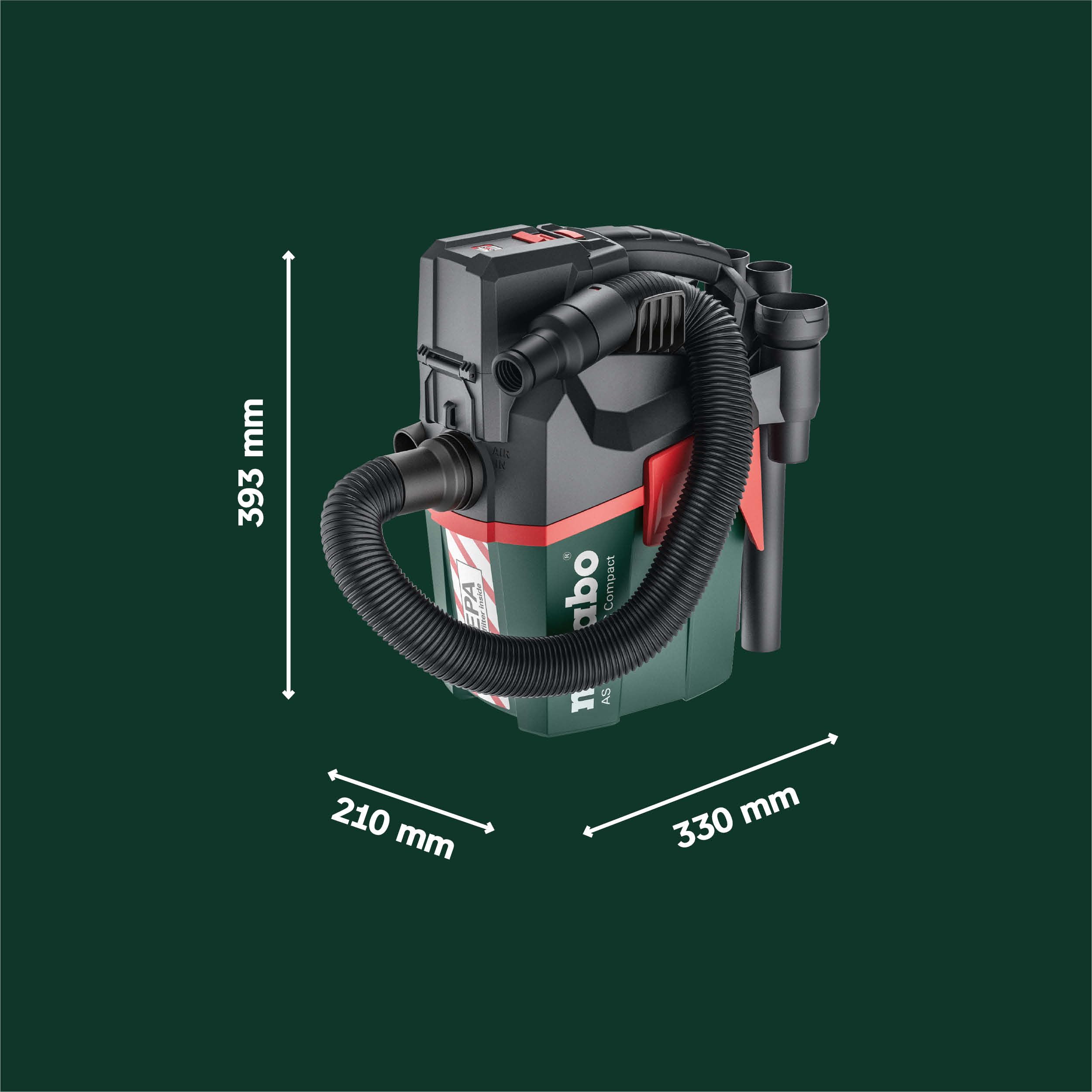 metabo Akku-Sauger AS 18 HEPA PC Compact, 18V Nass- und Trockensauger | Mobiler Mehrzwecksauger mit HEPA-Filter, Blasfunktion und Stretch-Schlauch. Lieferung ohne Akku und Ladegerät.