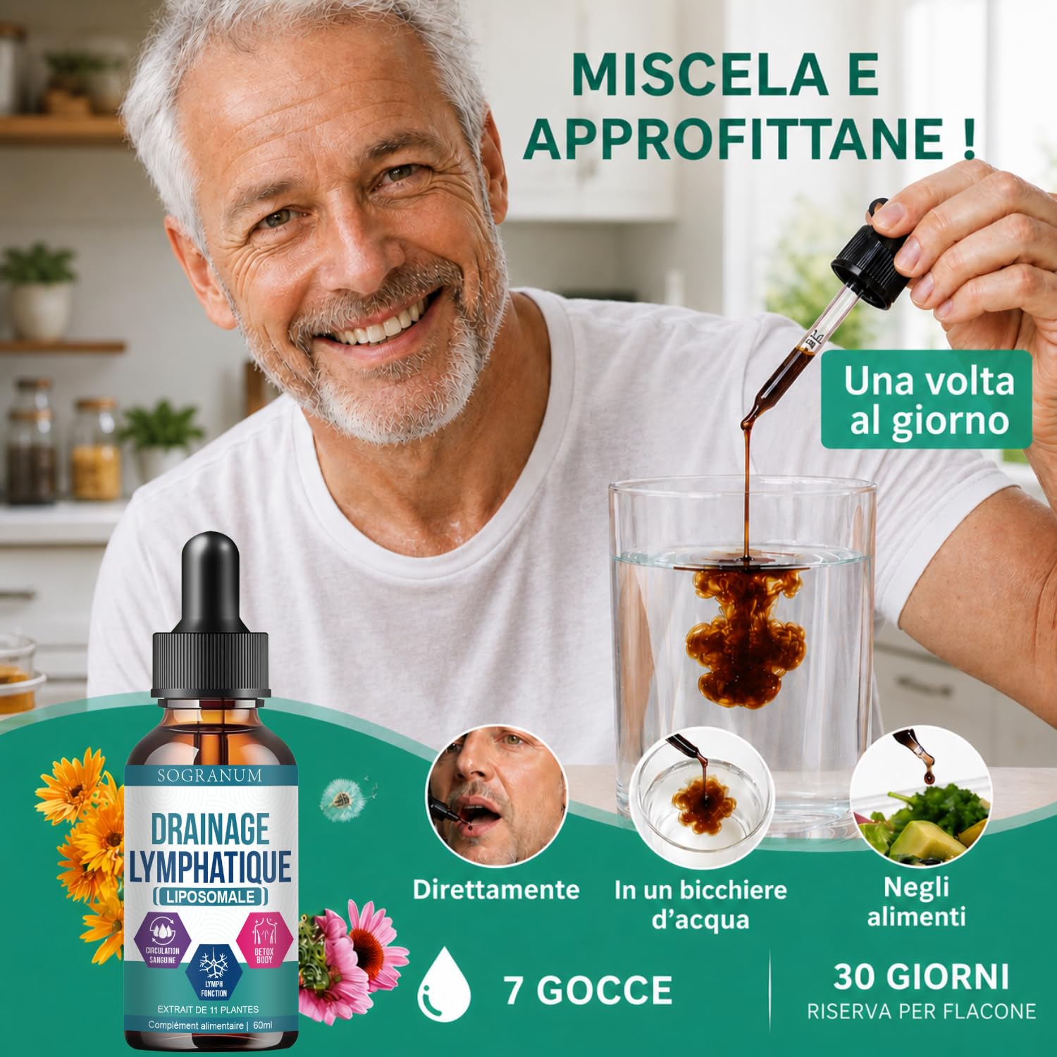 Drenaggio linfatico liposomiale | Circolazione sanguigna, flebite, pressione sanguigna | Detox con echinacea | Assorbimento del 98% da parte dell'organismo | 60 ml