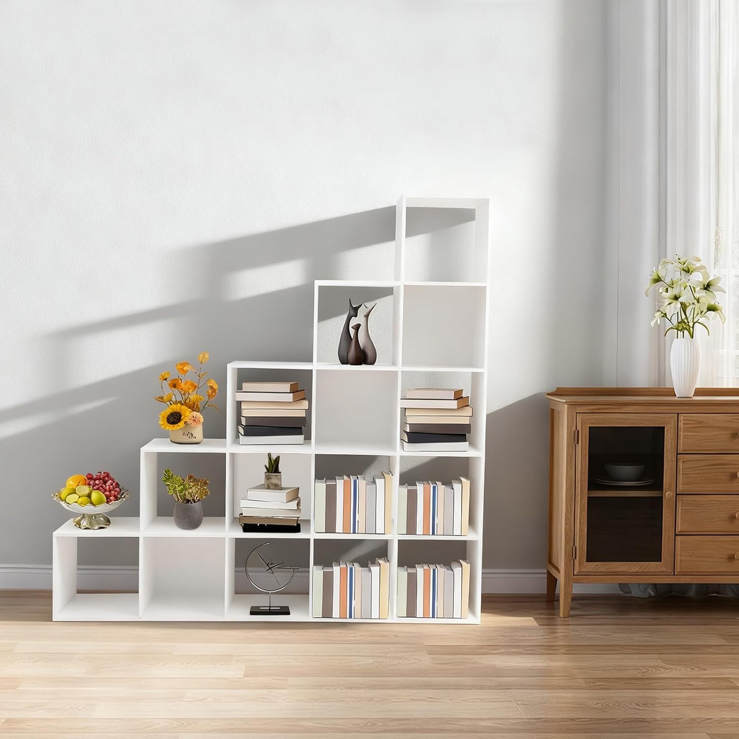 5-Tier Stepped Bookshelf, 15-Cube Ladder Cube Storage Bookcase - 154 lbs Capacity, 57" Tall Modern L-Shaped Storage Display Rack for Home, Office, Living Room, Study, Bedroom, Freestanding (White)